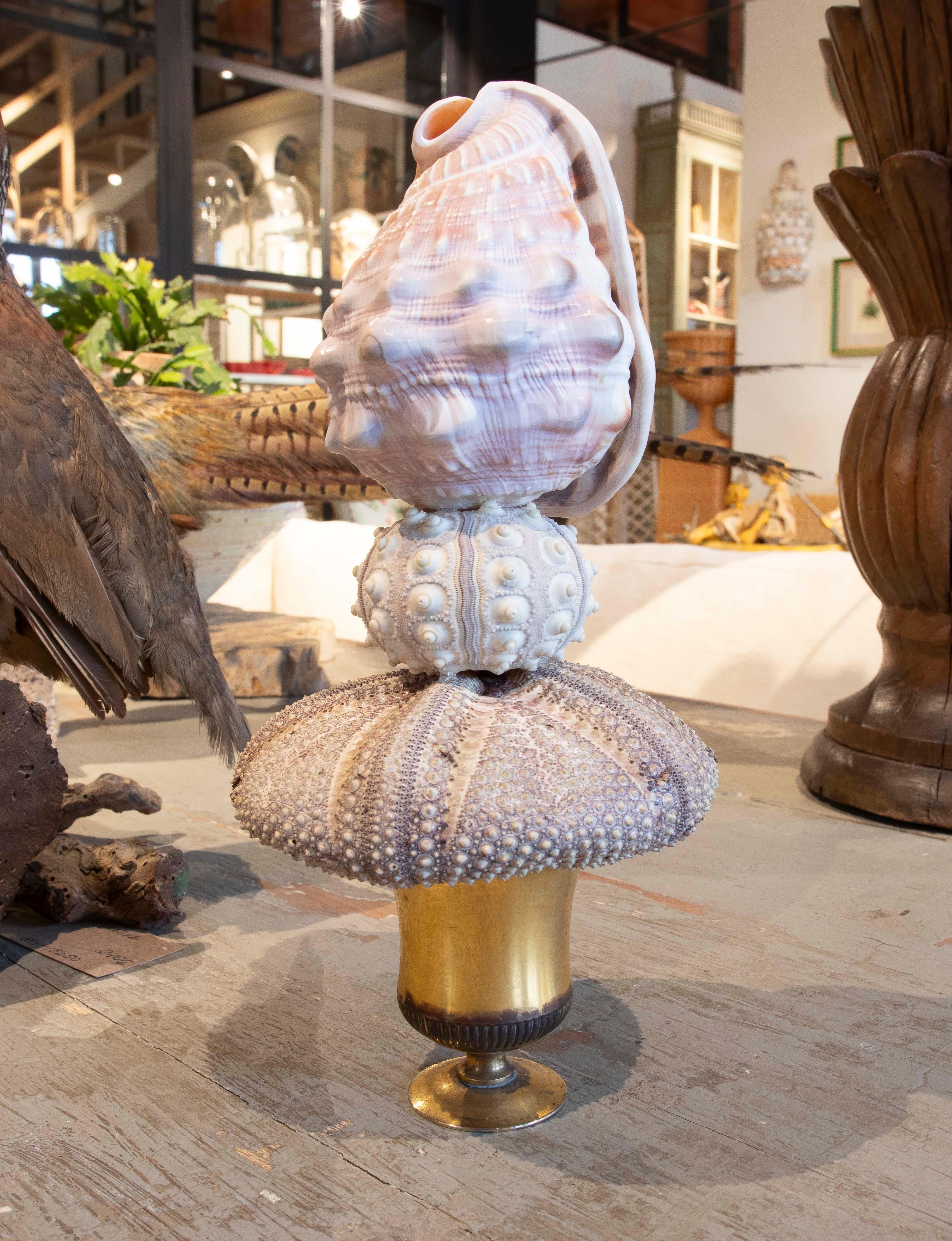 20th Century Sculpture with Seashell Assembly and Base of Antique Classical Golden Cup For Sale