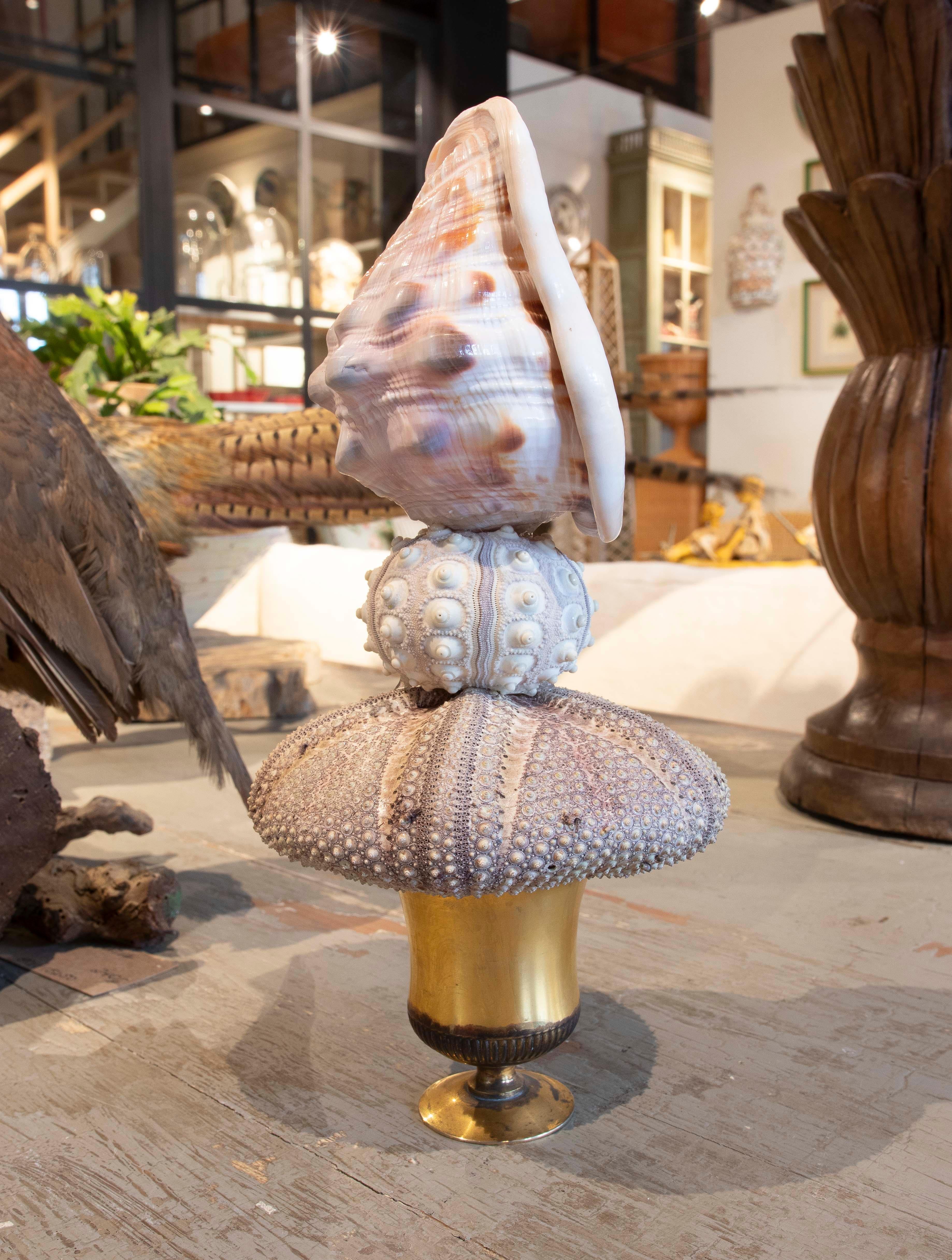 Gold Plate Sculpture with Seashell Assembly and Base of Antique Classical Golden Cup For Sale