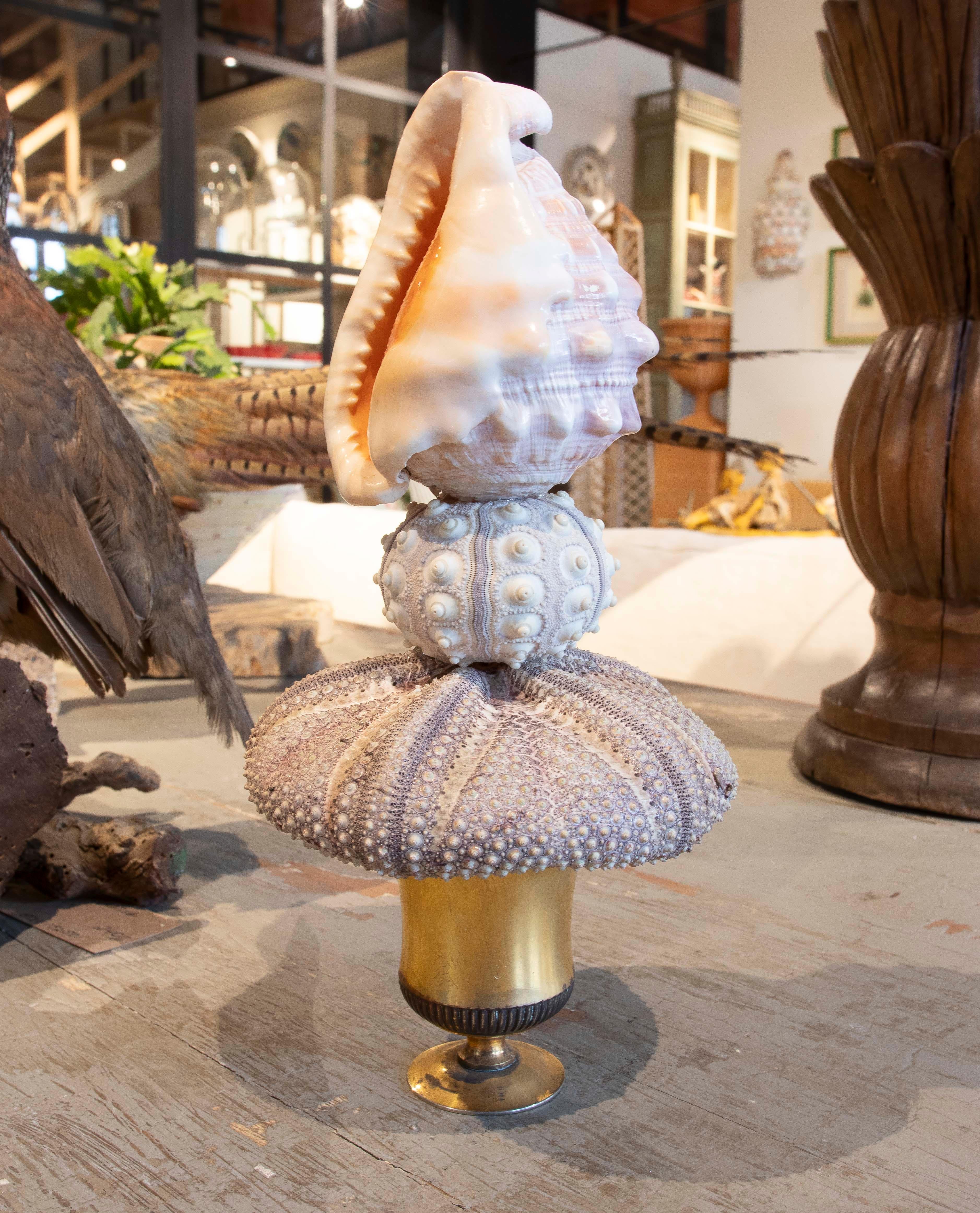 Sculpture with Seashell Assembly and Base of Antique Classical Golden Cup For Sale 2