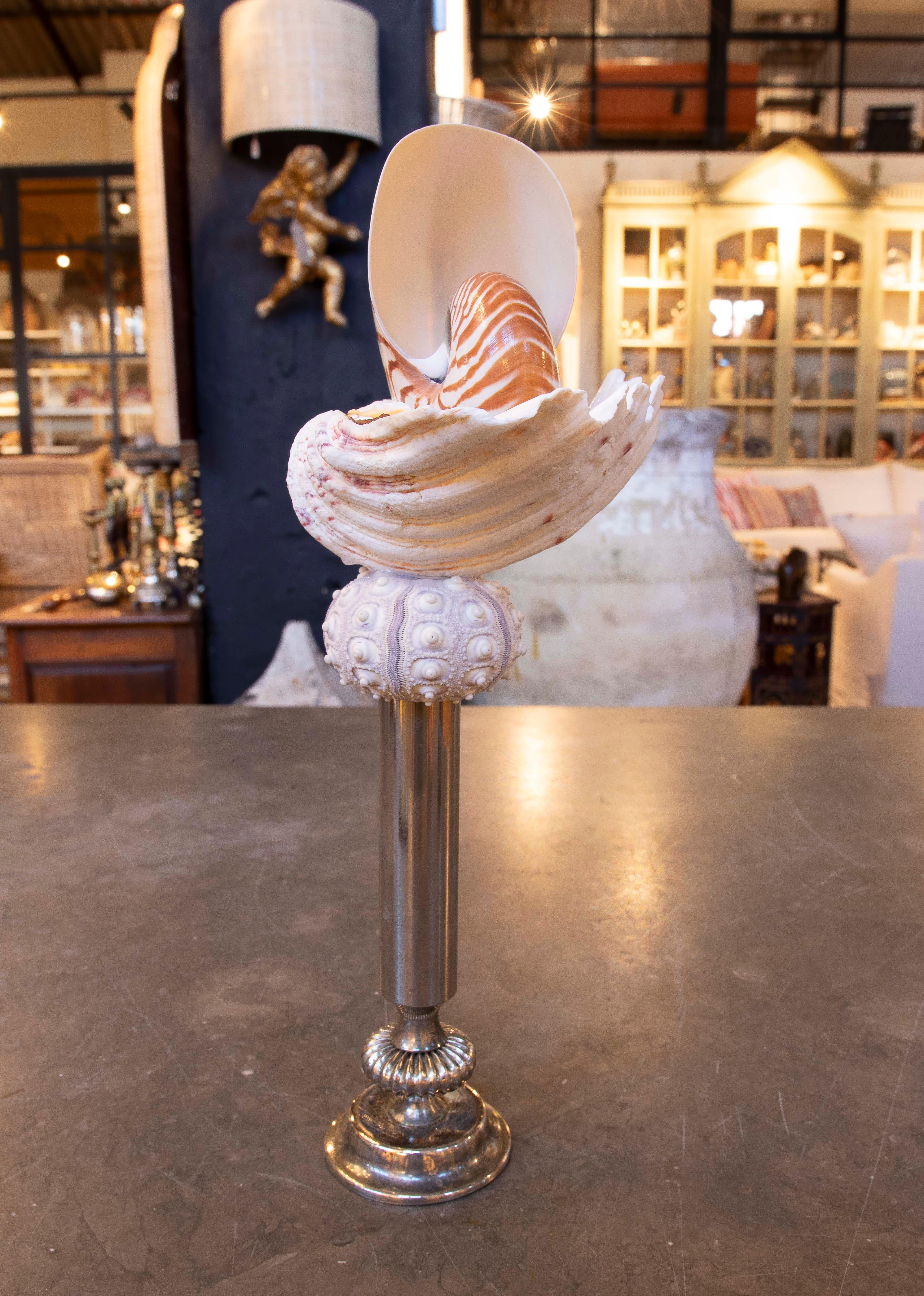 Spanish Sculpture with Seashells and Base with Antique silver plate Candelabrum For Sale