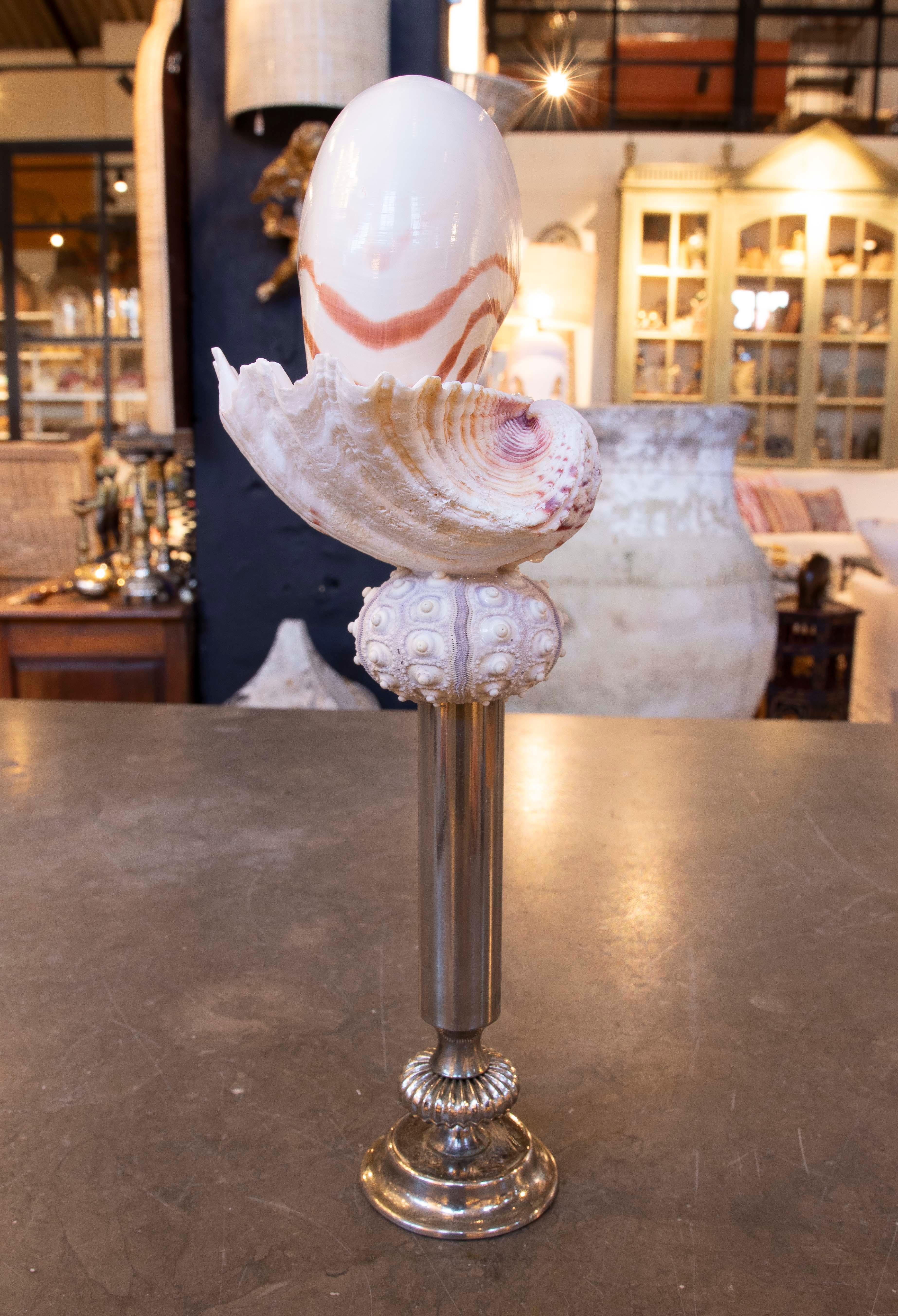 Silver Plate Sculpture with Seashells and Base with Antique silver plate Candelabrum For Sale