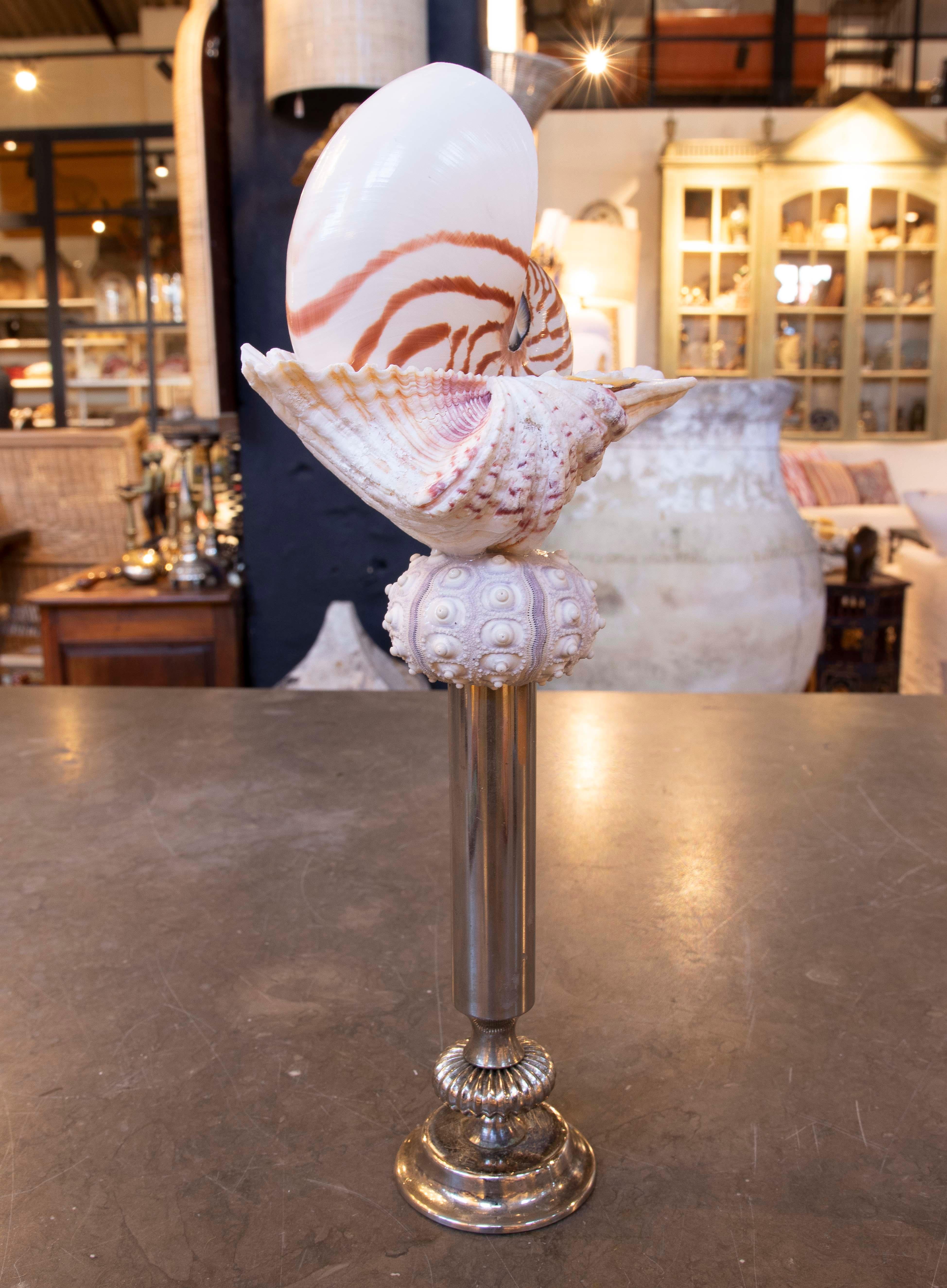 Sculpture with Seashells and Base with Antique silver plate Candelabrum For Sale 1