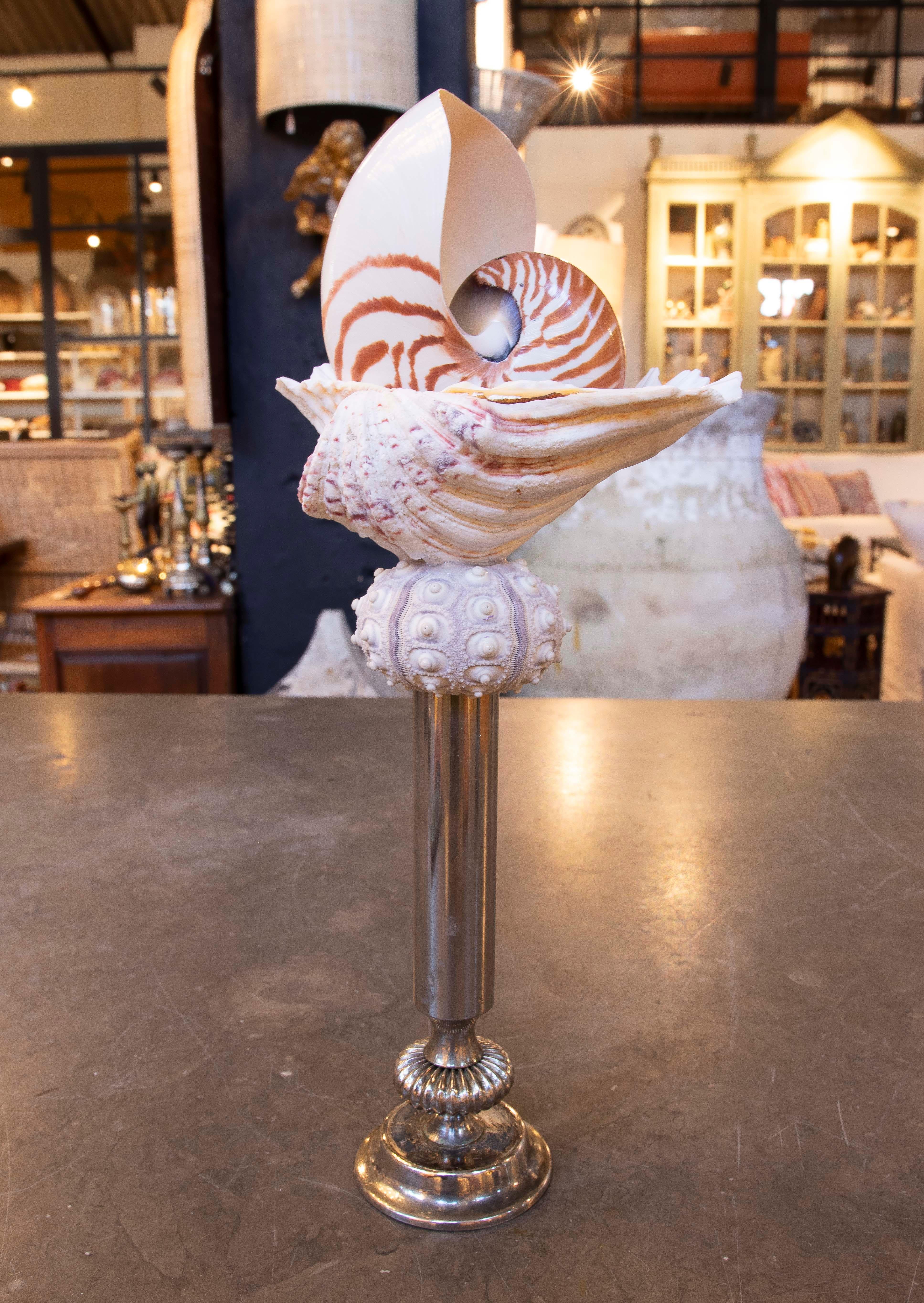 Sculpture with Seashells and Base with Antique silver plate Candelabrum For Sale 2