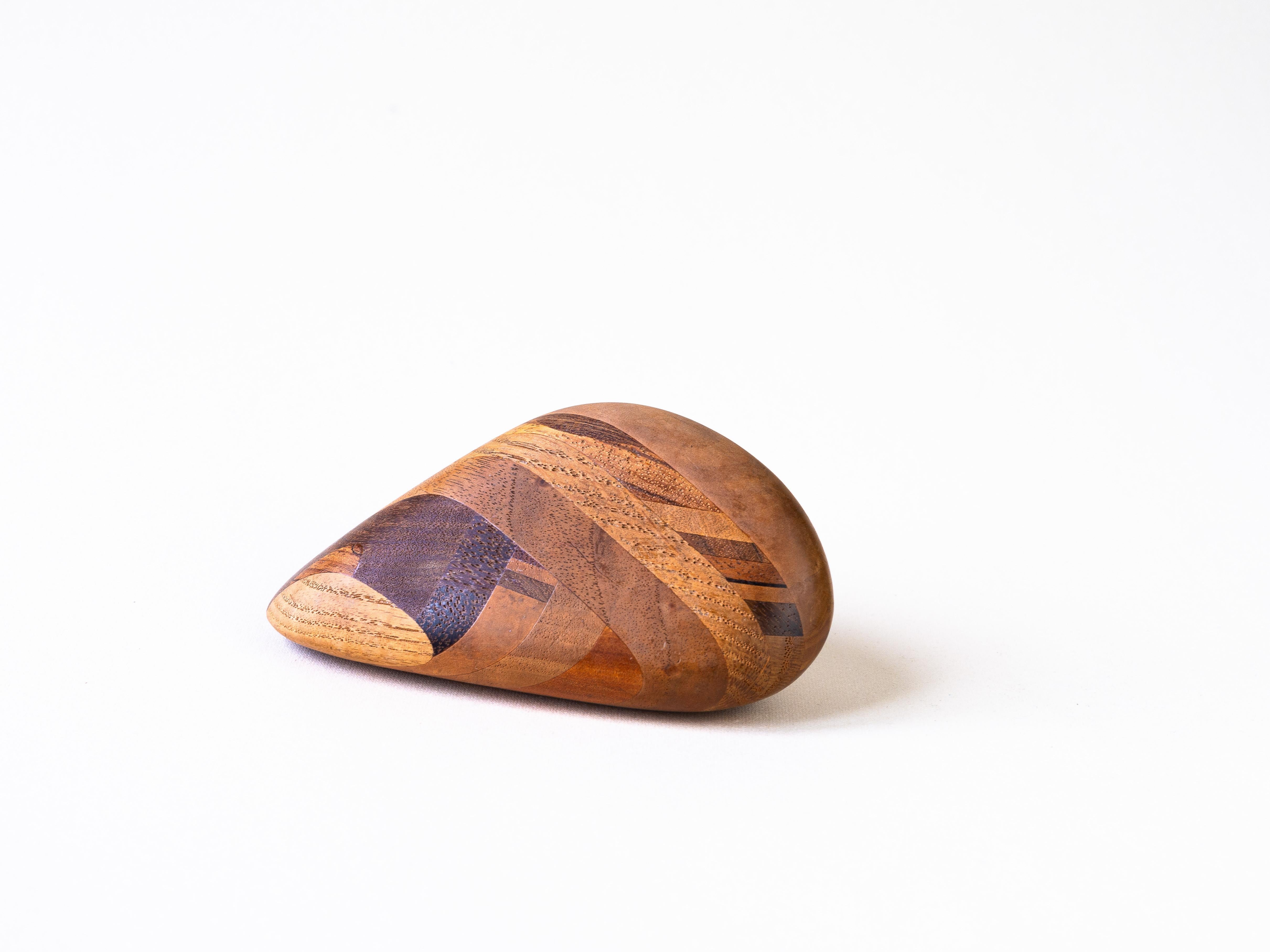 Sculpture Wooden Pebble, 1970s Desk Accessory, Marquetry Paperweight For Sale 3