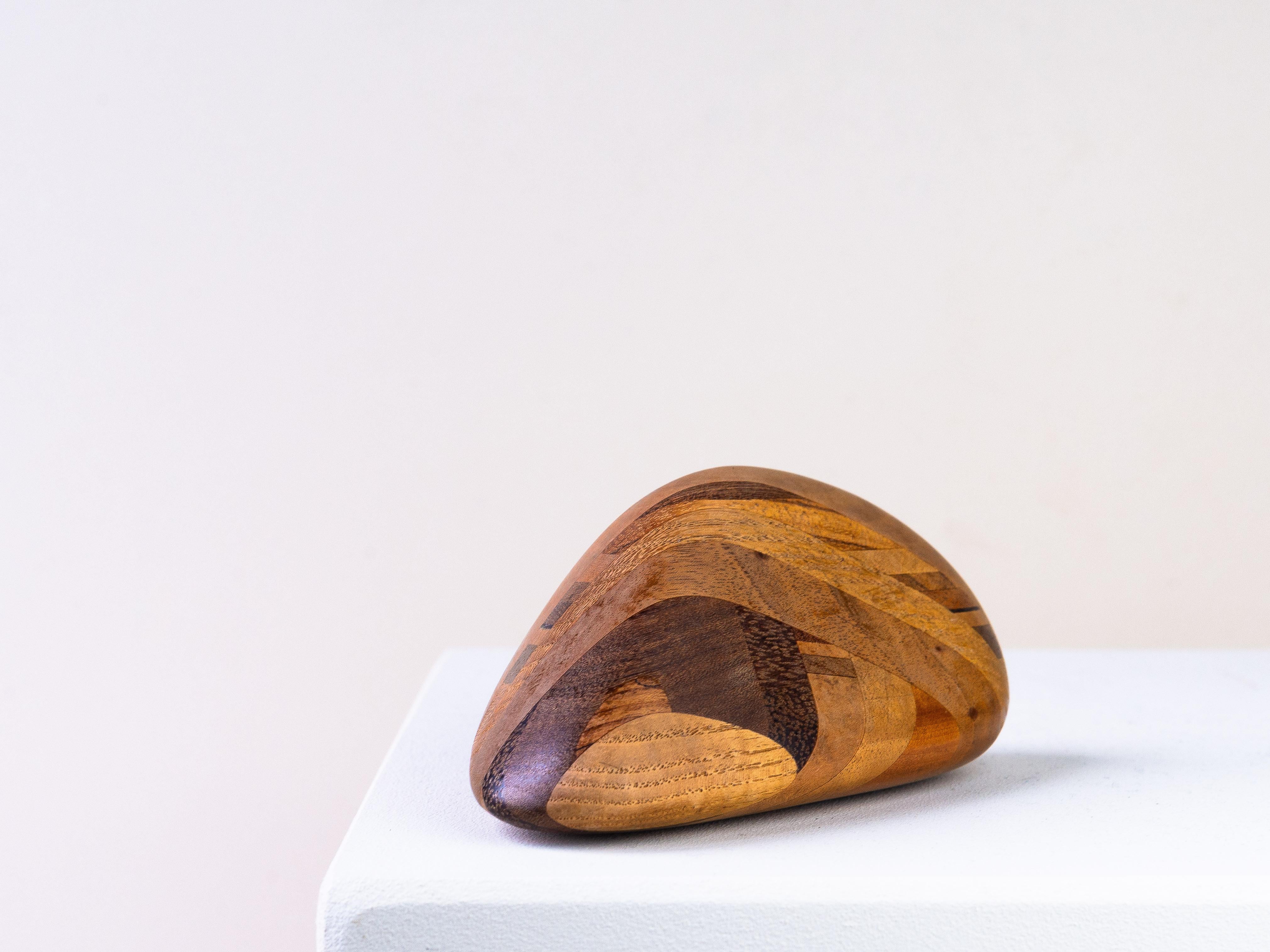 Sculpture Wooden Pebble, 1970s Desk Accessory, Marquetry Paperweight For Sale 4