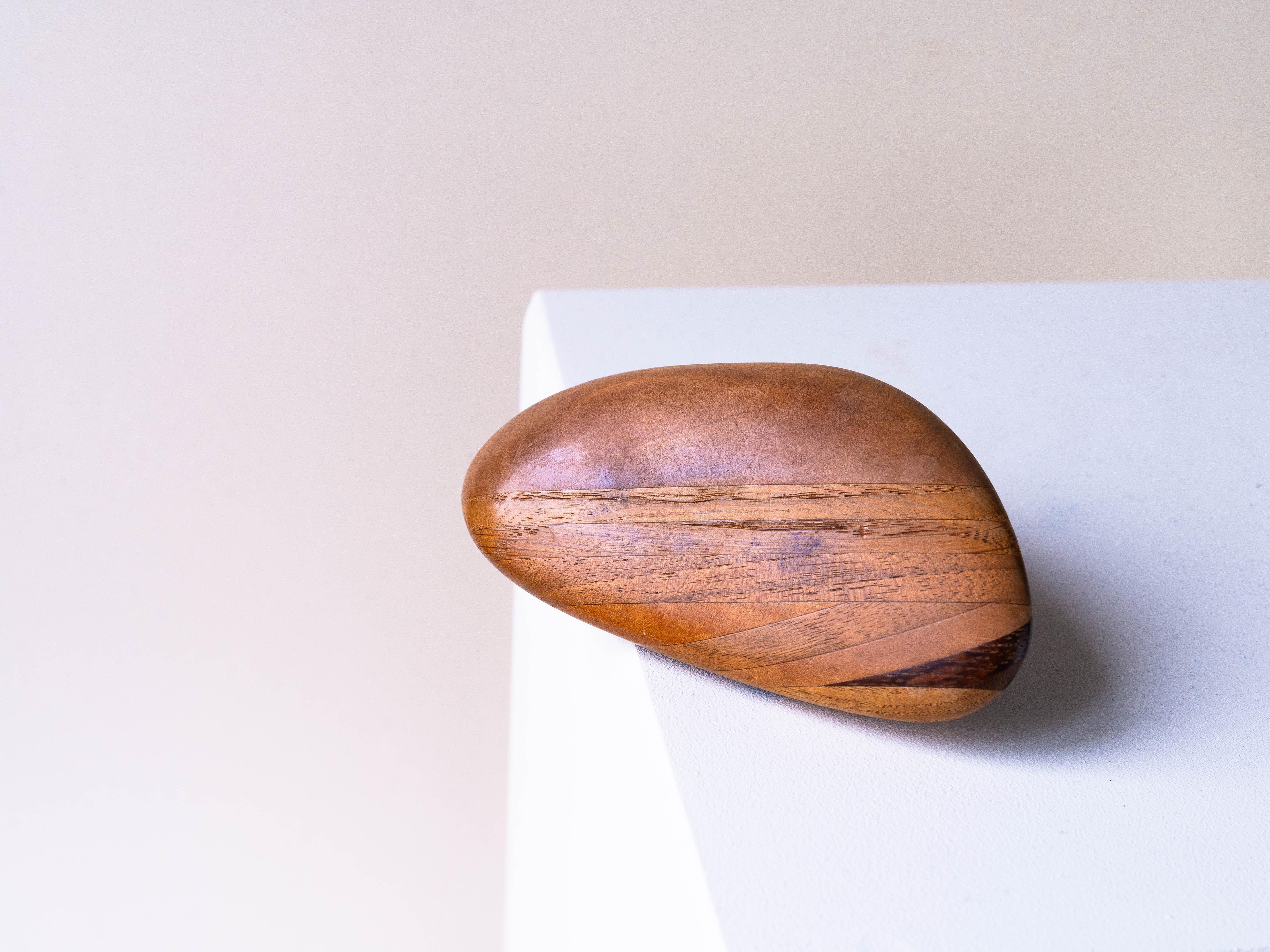 Mid-Century Modern Sculpture Wooden Pebble, 1970s Desk Accessory, Marquetry Paperweight For Sale