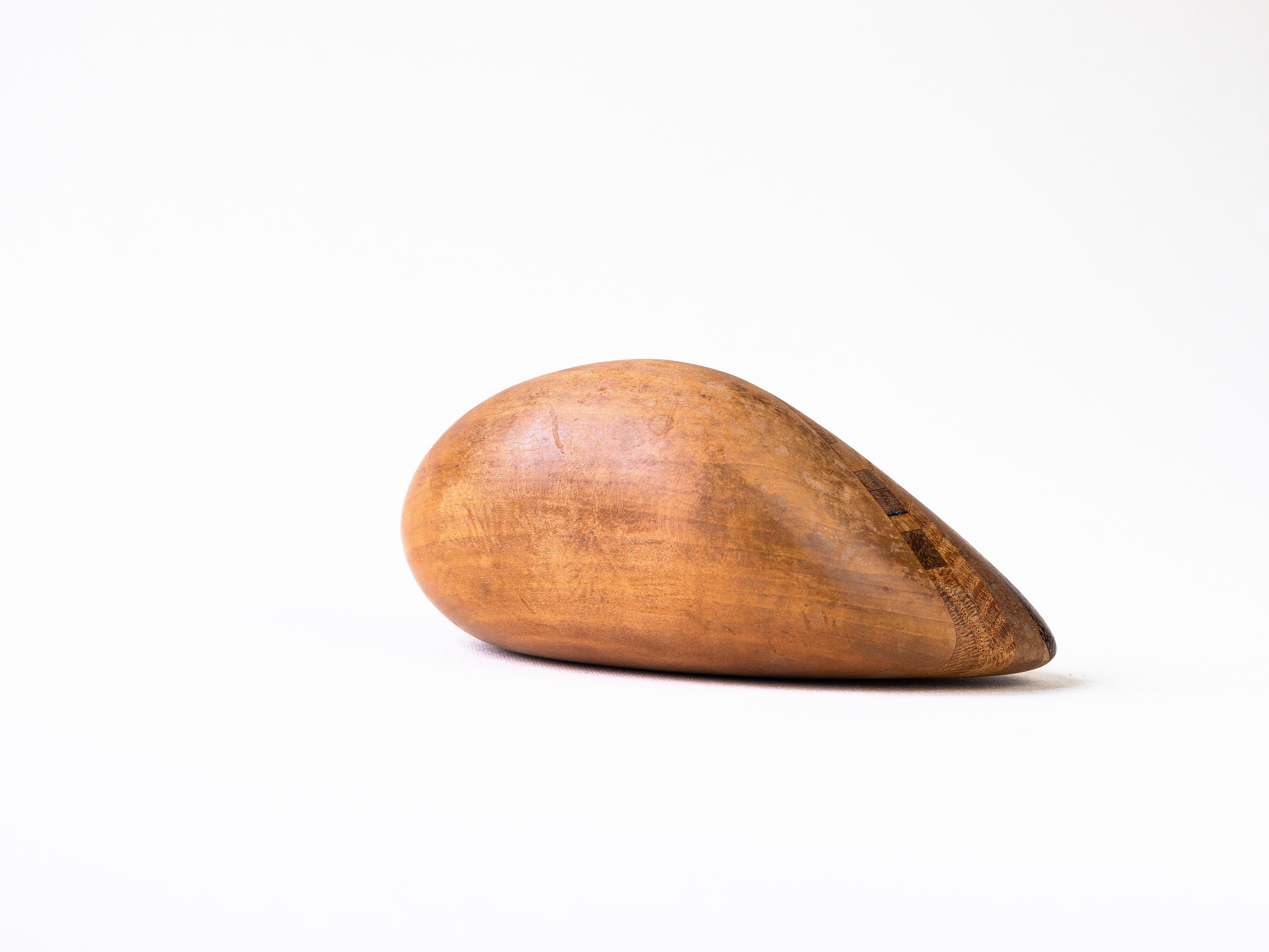 Hand-Crafted Sculpture Wooden Pebble, 1970s Desk Accessory, Marquetry Paperweight For Sale
