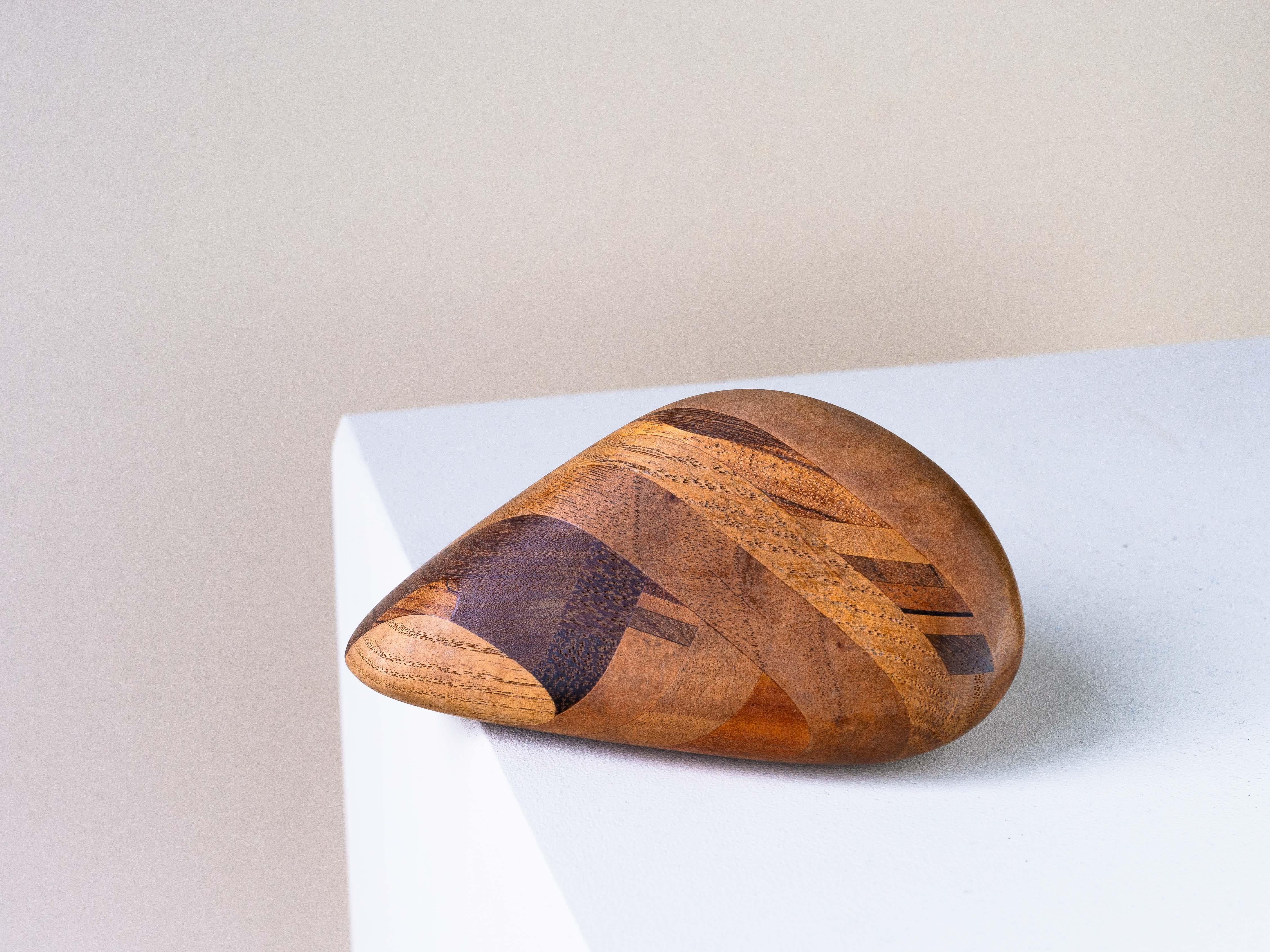 20th Century Sculpture Wooden Pebble, 1970s Desk Accessory, Marquetry Paperweight For Sale
