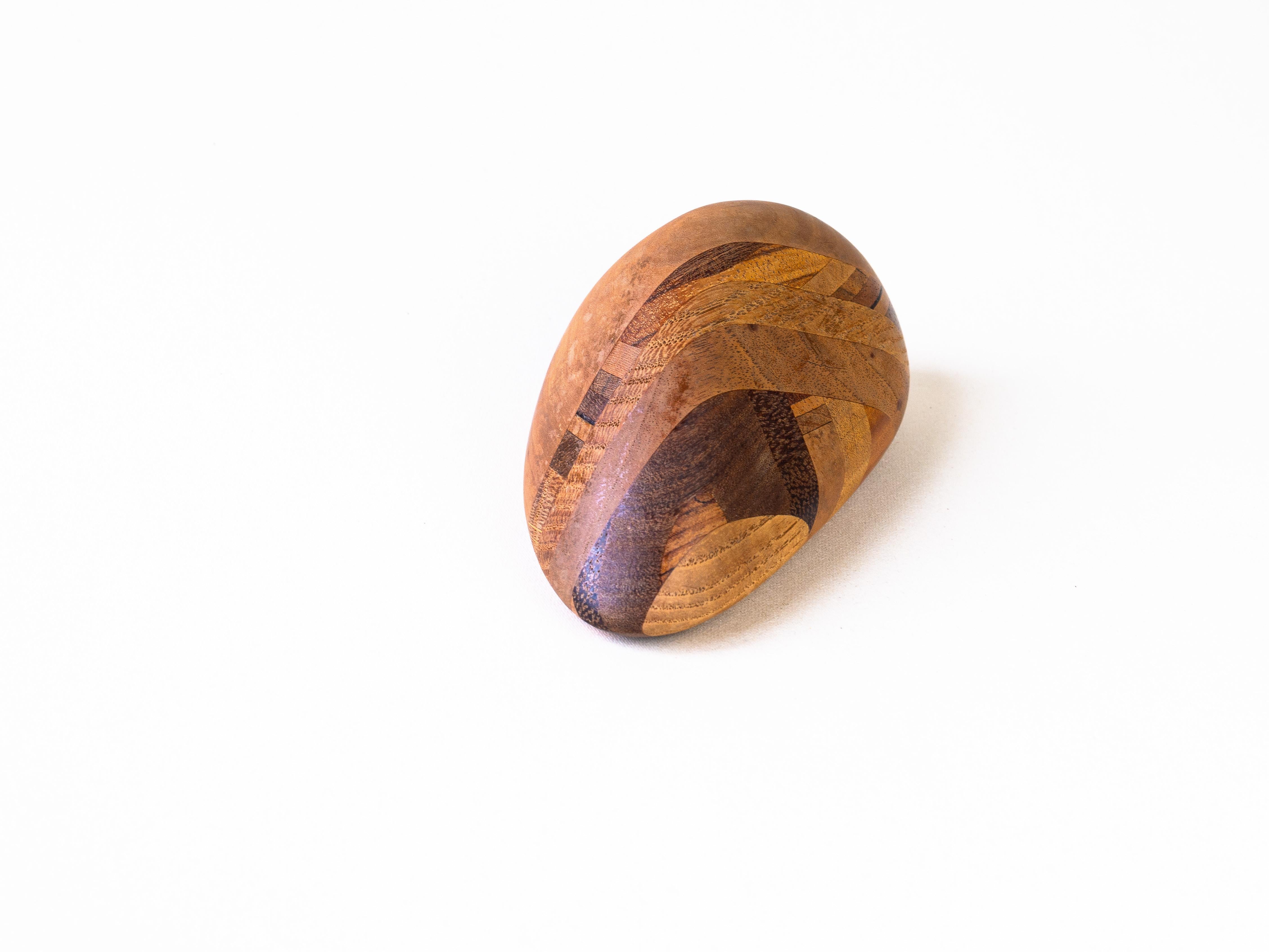 Sculpture Wooden Pebble, 1970s Desk Accessory, Marquetry Paperweight For Sale 1