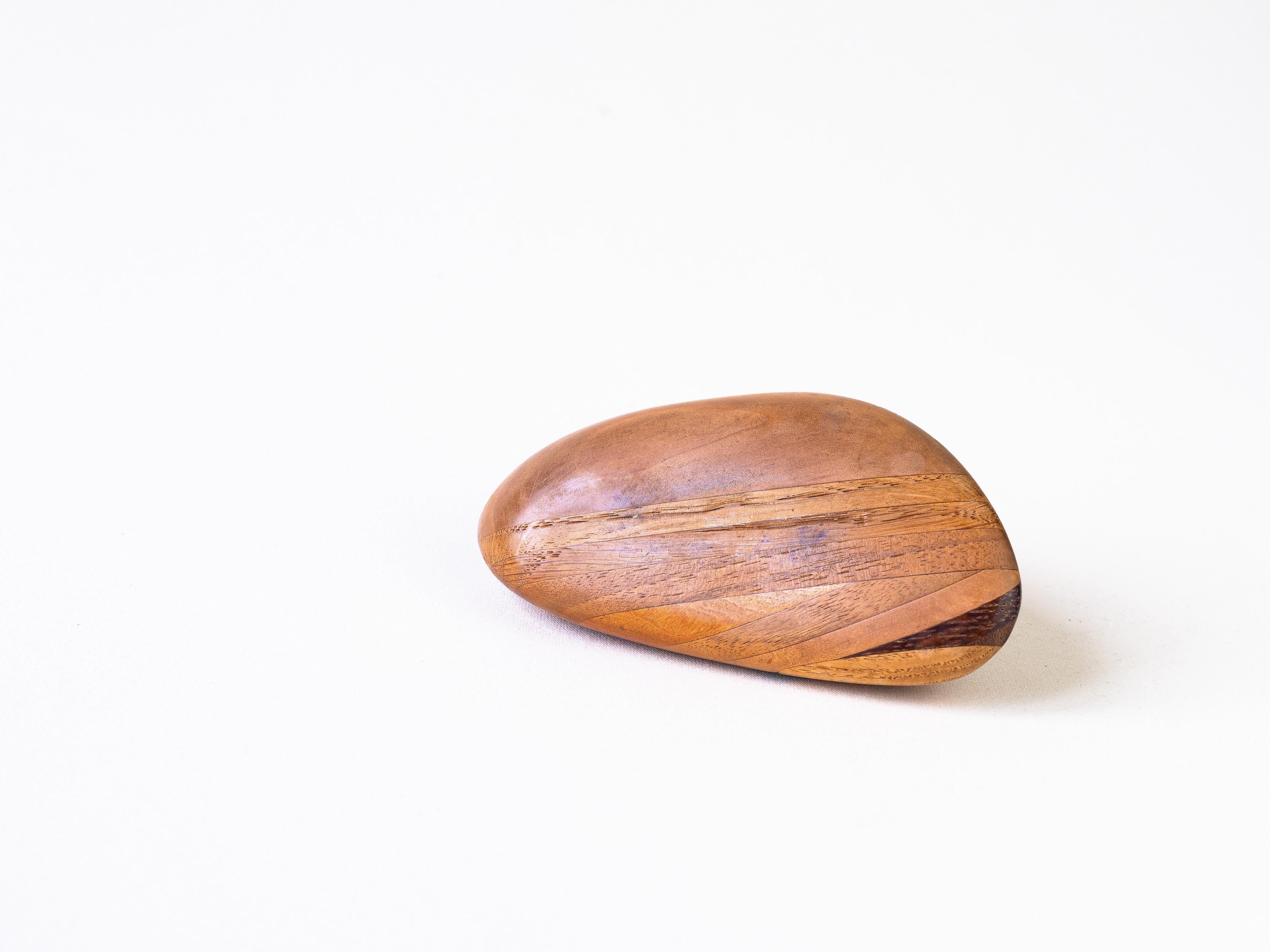 Sculpture Wooden Pebble, 1970s Desk Accessory, Marquetry Paperweight For Sale 2