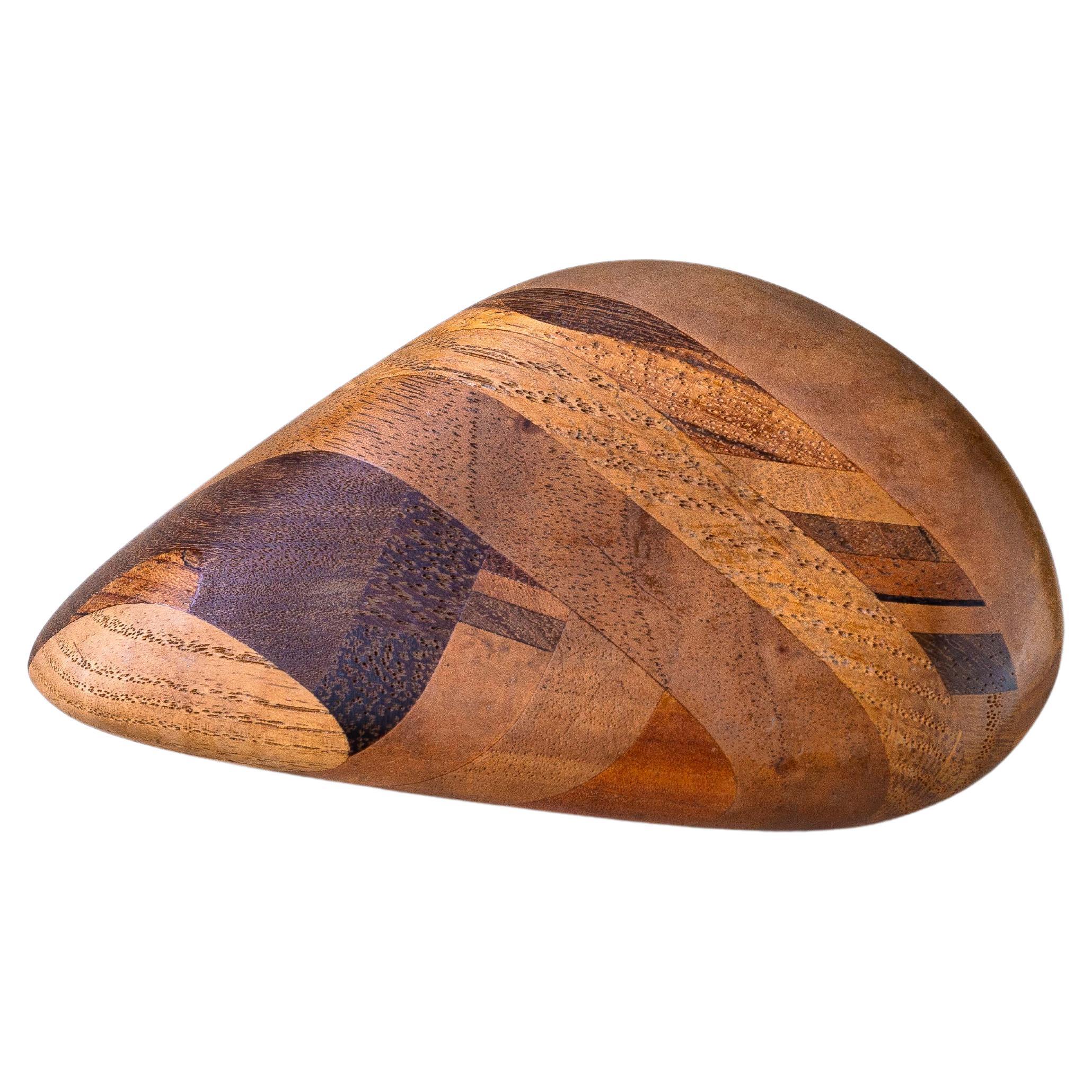 Sculpture Wooden Pebble, 1970s Desk Accessory, Marquetry Paperweight For Sale