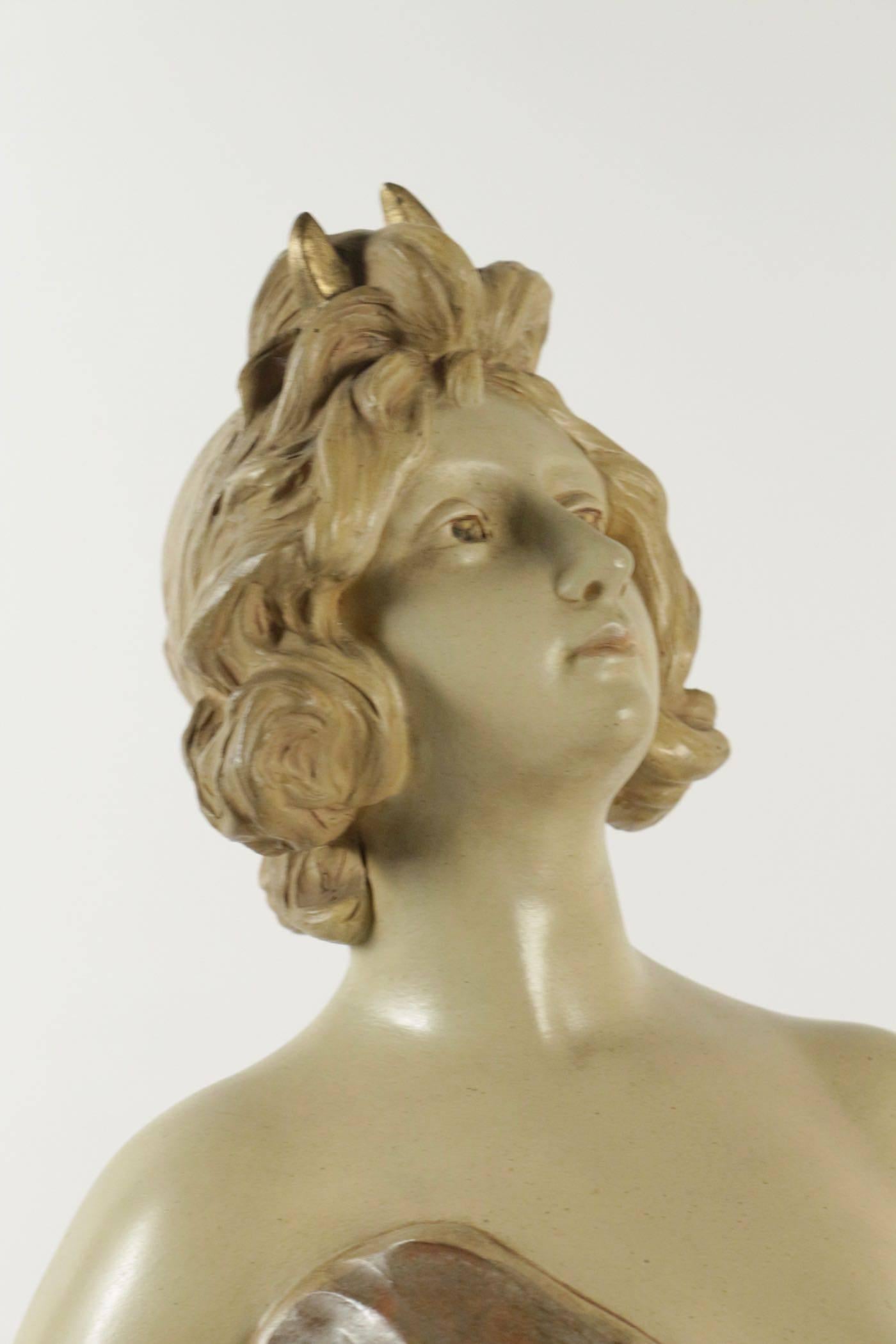 Sculpture, terracotta, 1900, statue representing Diane Chasseresse, signed Paladin. 
Measures: H: 84 cm, W: 41 cm, W: 25 cm.