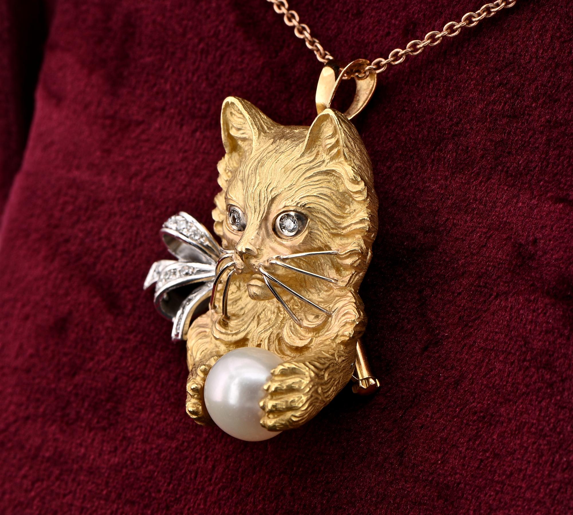 Sculptured Cat Diamond Pearl 18 Kt Brooch Pendant For Sale 6
