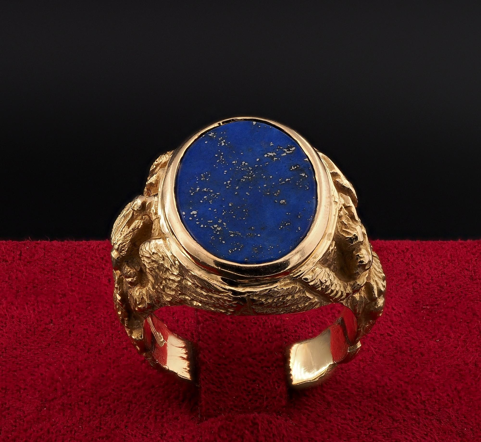 Artistry Sculptured
An impressive and quite unique Gent ring which is masterfully sculptured from solid 18 Kt gold – mid century age – Retro version of ancient Greek Mythical Beasts of legendary creatures taking inspiration from the ancient
