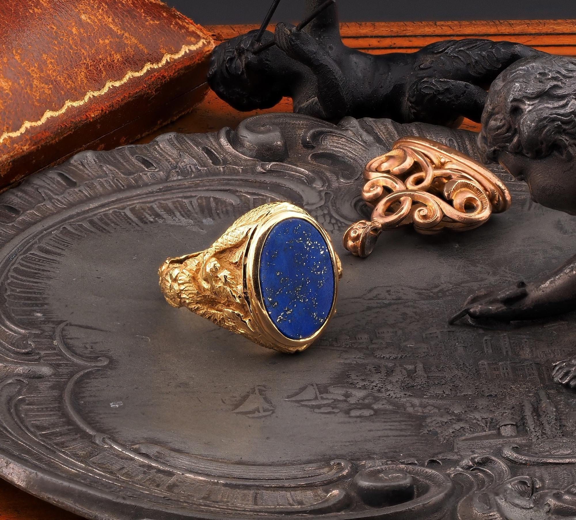 Greek Revival Sculptured Eagle Snake Chimera Gent Lapis Massive 18 Kt Gold Ring 