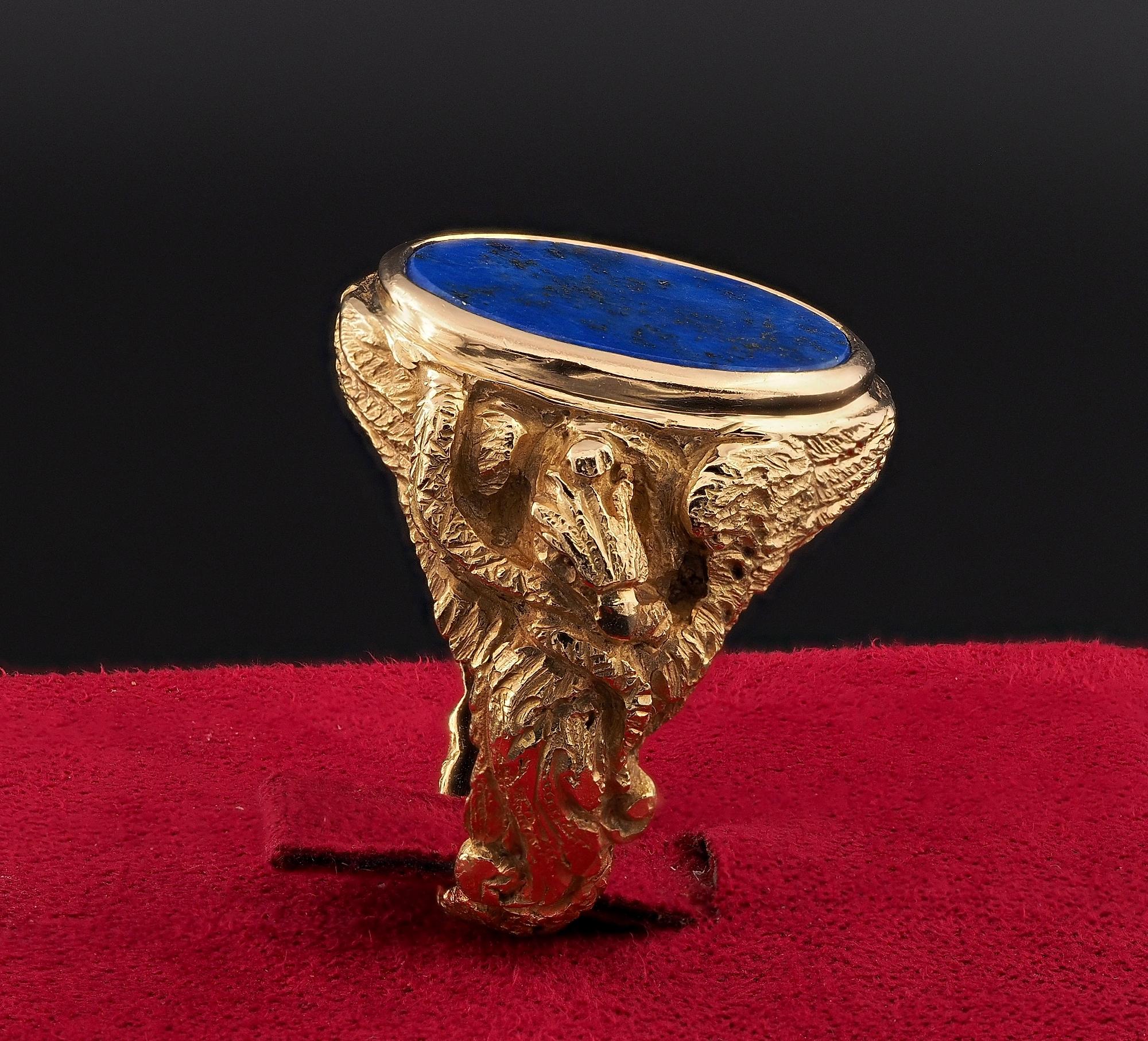 Sculptured Eagle Snake Chimera Gent Lapis Massive 18 Kt Gold Ring  In Good Condition In Napoli, IT