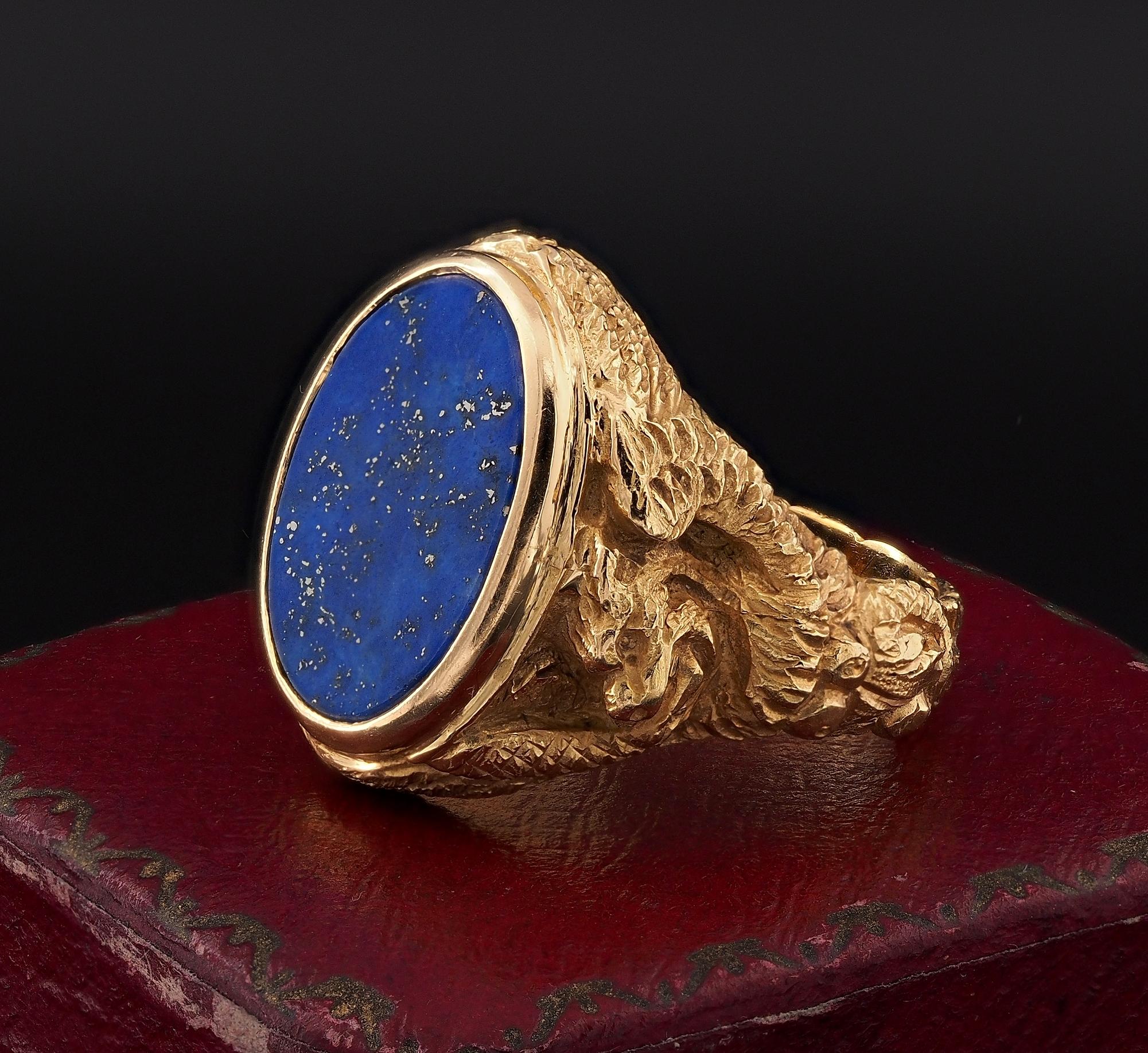Skulpturierter Adler Schlange Chimäre Gent Lapis Massiv 18 Kt Gold Ring Herren