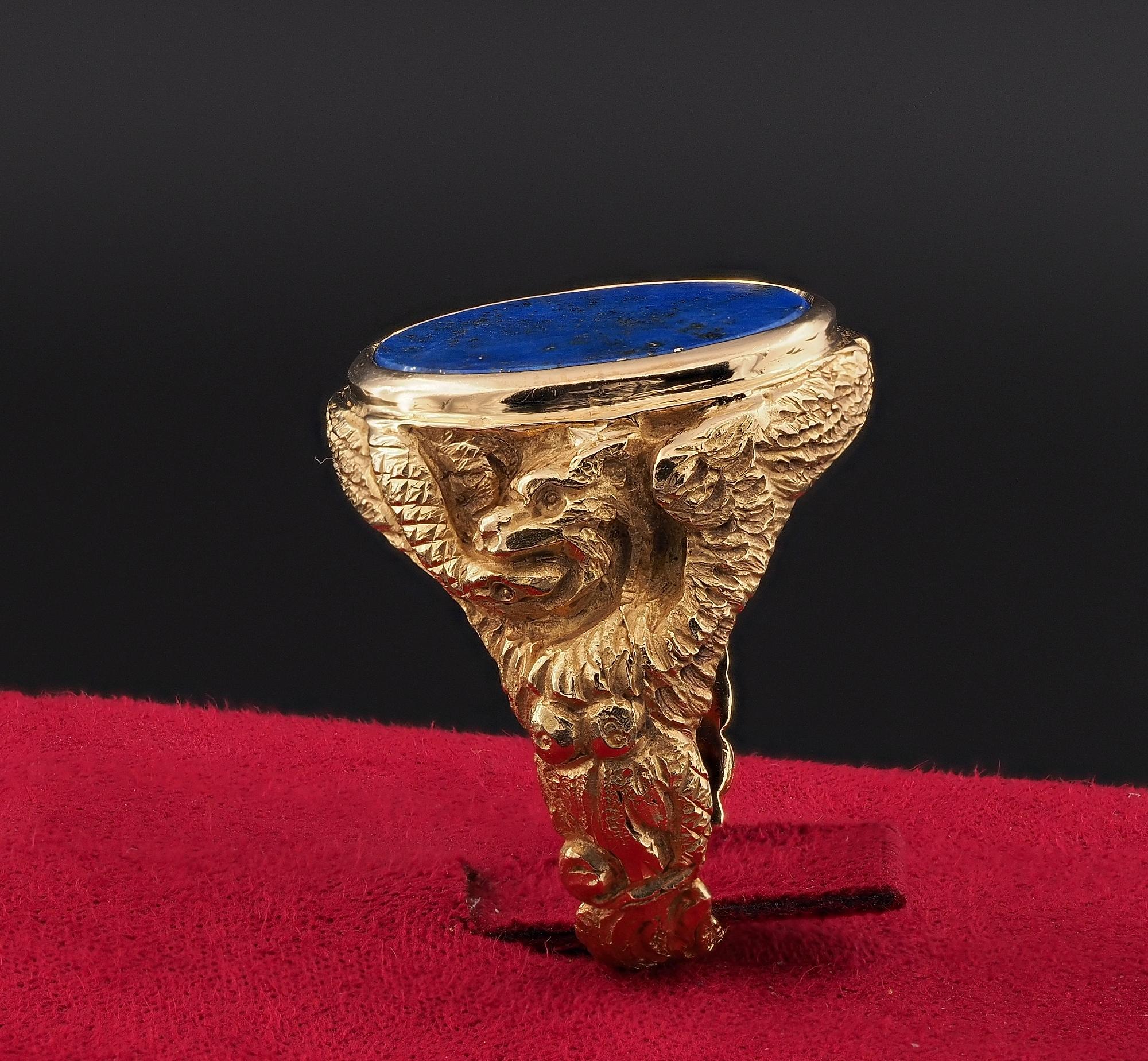 Sculptured Eagle Snake Chimera Gent Lapis Massive 18 Kt Gold Ring  1