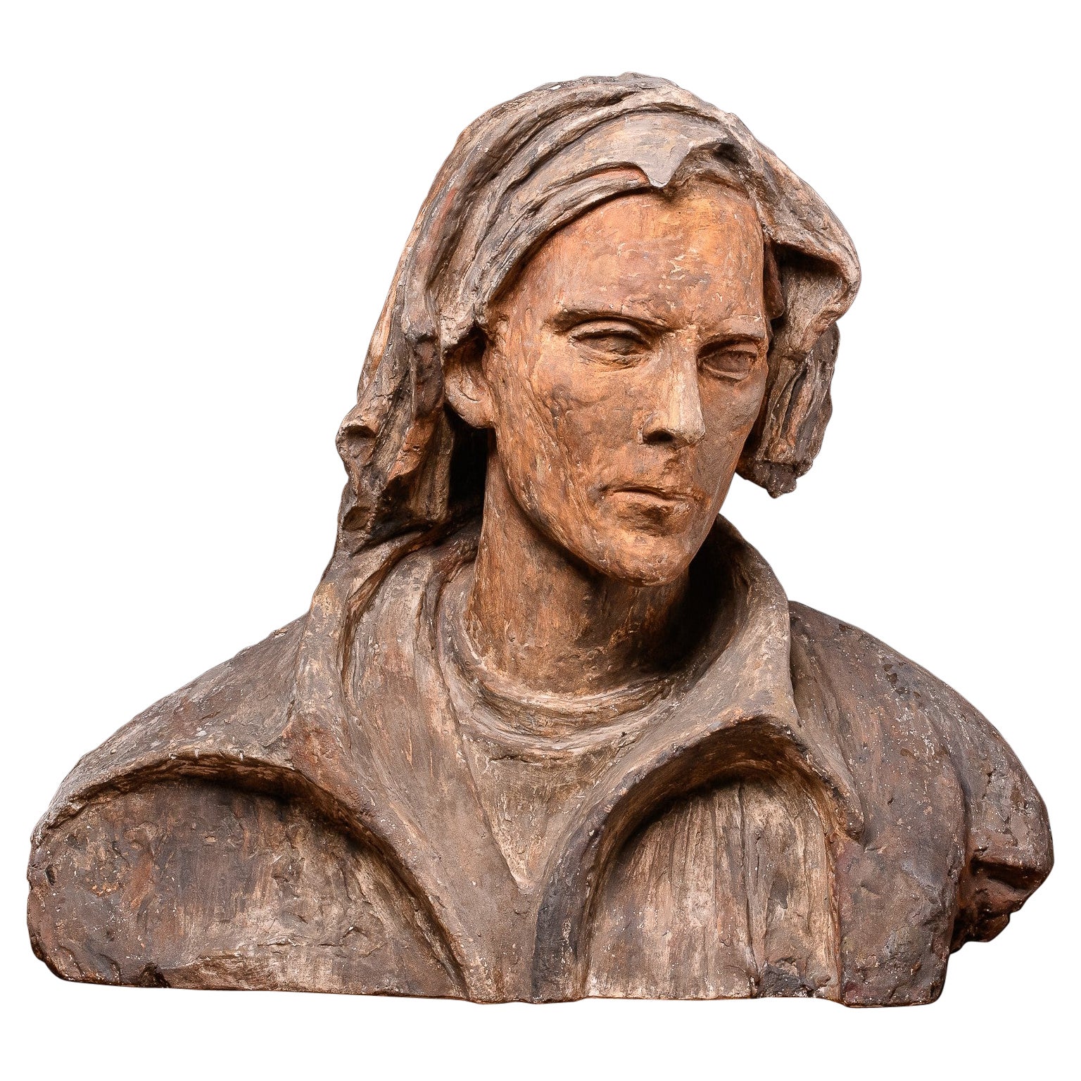 Skulpturale, polychromierte, männliche, modellierte Büste aus der Künstlerwerkstatt