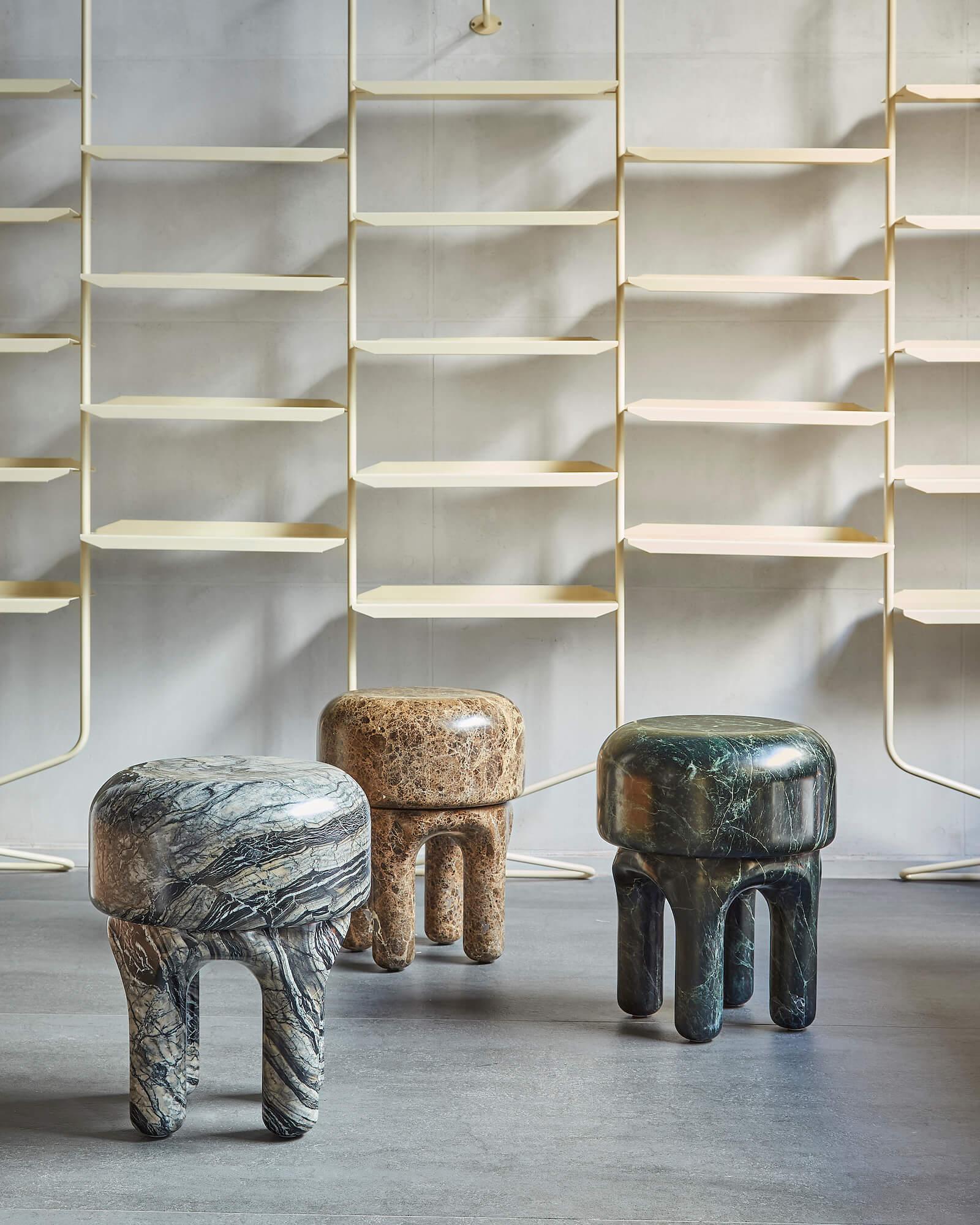 Contemporary Sculpural Marble Stool, collectible side table, handmade in Italy, Tuscan marble For Sale