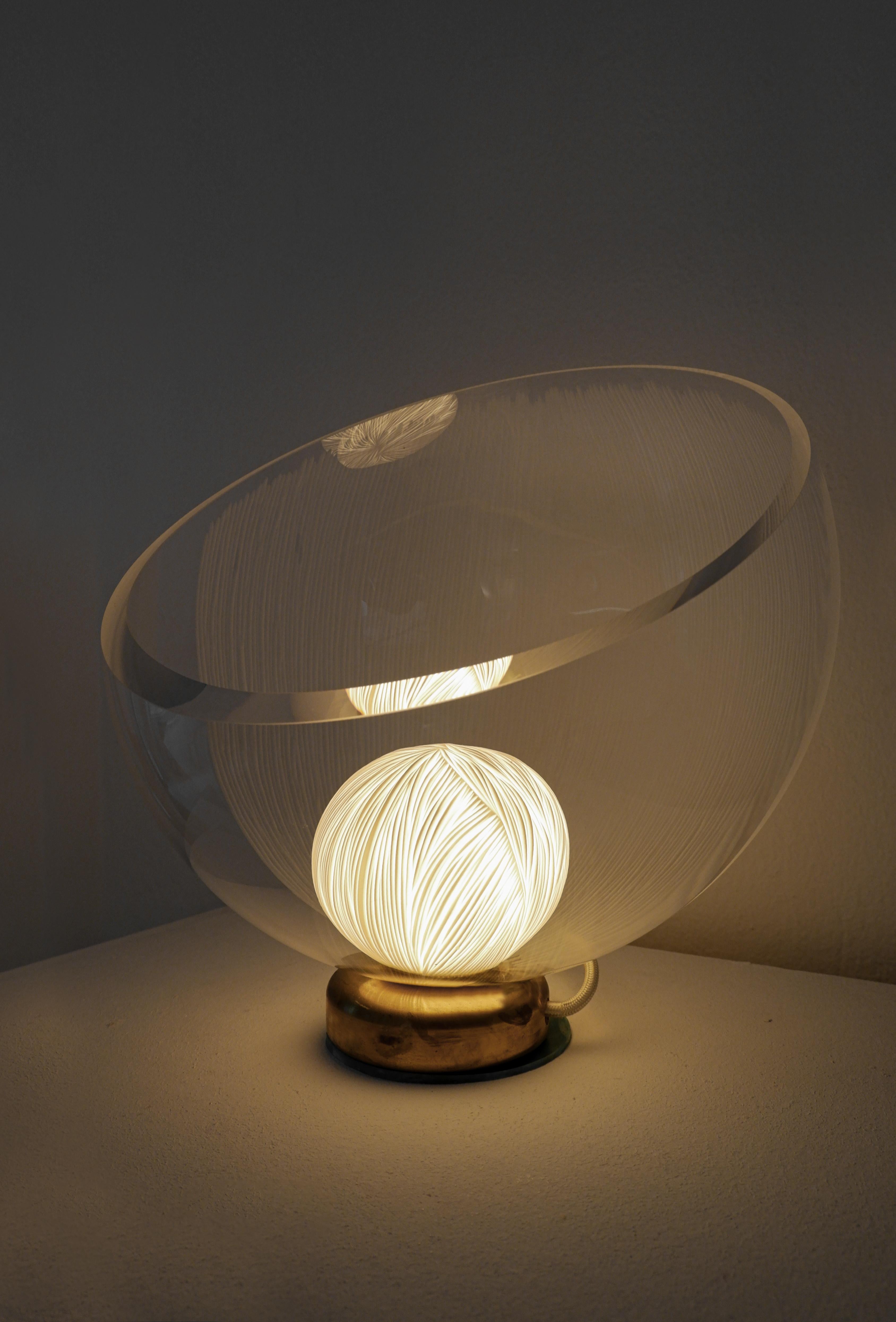 English Sculputural Glass, Porcelain engraved and Brass table light by Vezzini & Chen For Sale