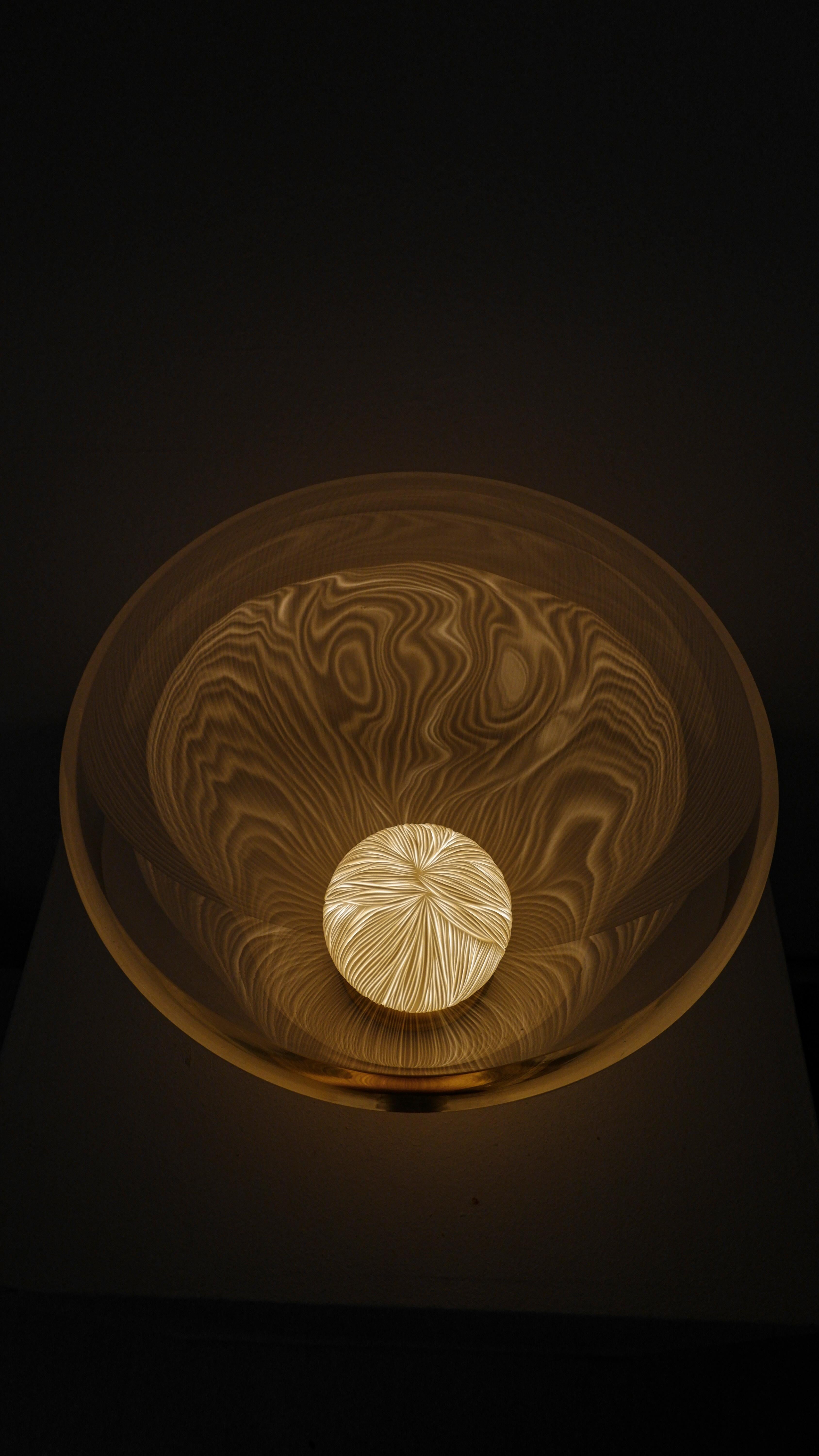 Engraved Sculputural Glass, Porcelain engraved and Brass table light by Vezzini & Chen For Sale