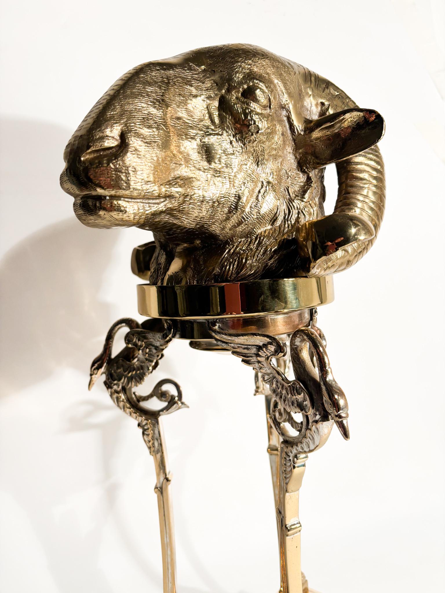 Gilt Bronze Sculpture of Aries Head with Pedestal 1970s For Sale 4