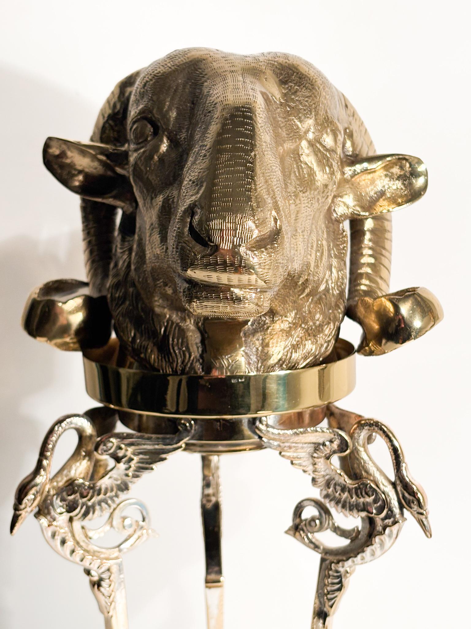 Victorian Gilt Bronze Sculpture of Aries Head with Pedestal 1970s For Sale