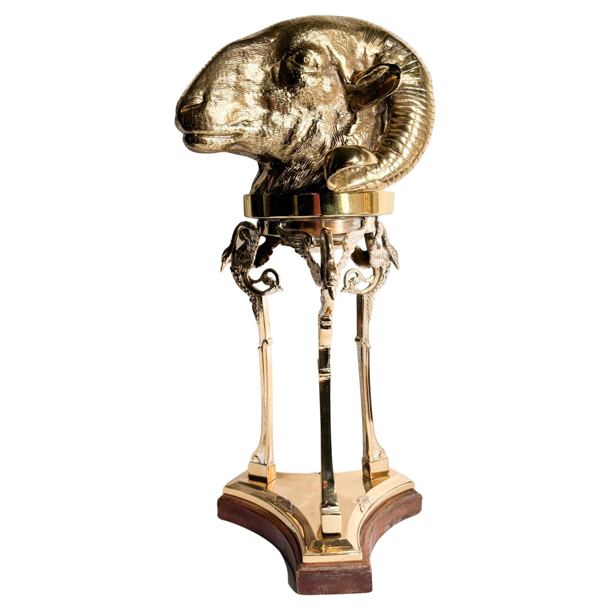 Gilt Bronze Sculpture of Aries Head with Pedestal 1970s For Sale
