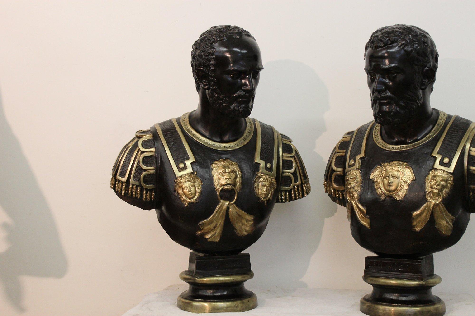 Coppia di Imperatori Romani in bronzo, Settimio e Adriano eseguiti in bronzo con la tecnica a cera persa,
xx secolo, con rifiture in parti dorate.