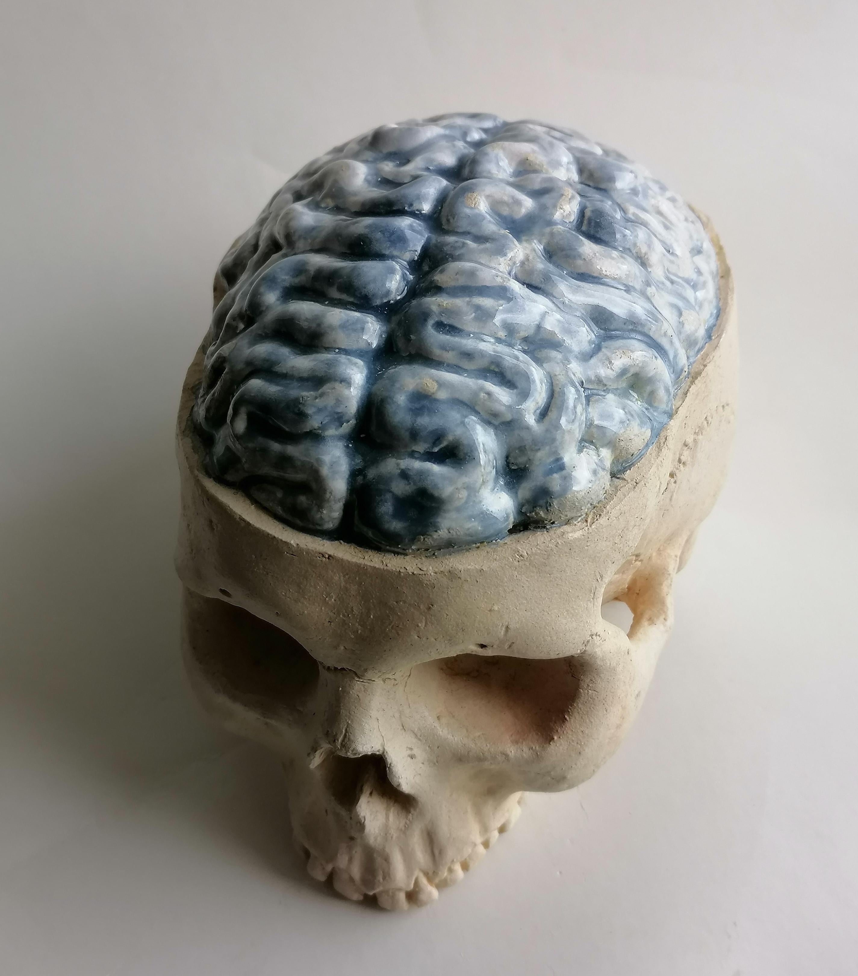 escultura 'Thinking Skull' en cerámica clara esmaltada y decorada -fabricada en Italia Moderno en venta