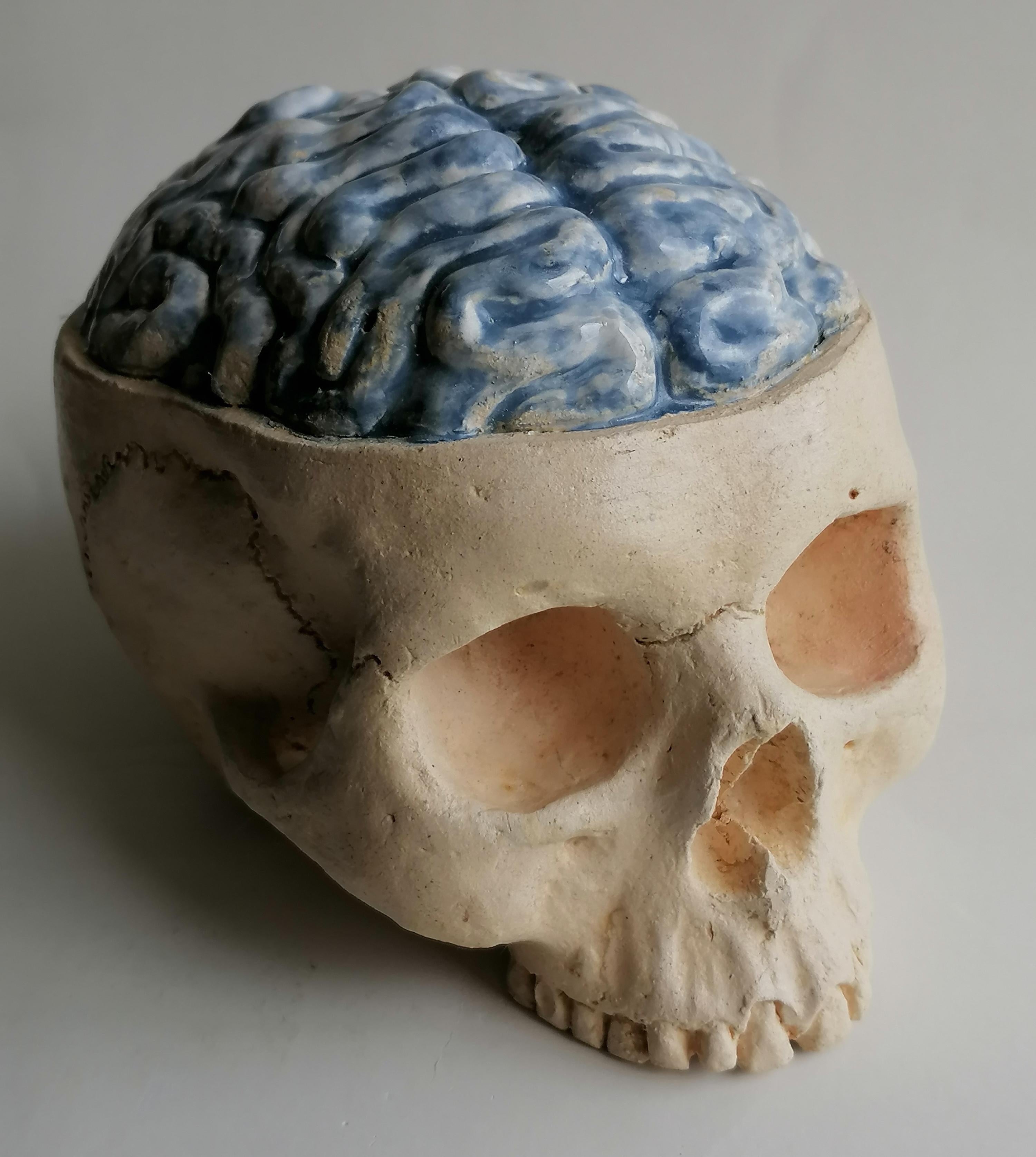 escultura 'Thinking Skull' en cerámica clara esmaltada y decorada -fabricada en Italia Contemporáneo en venta