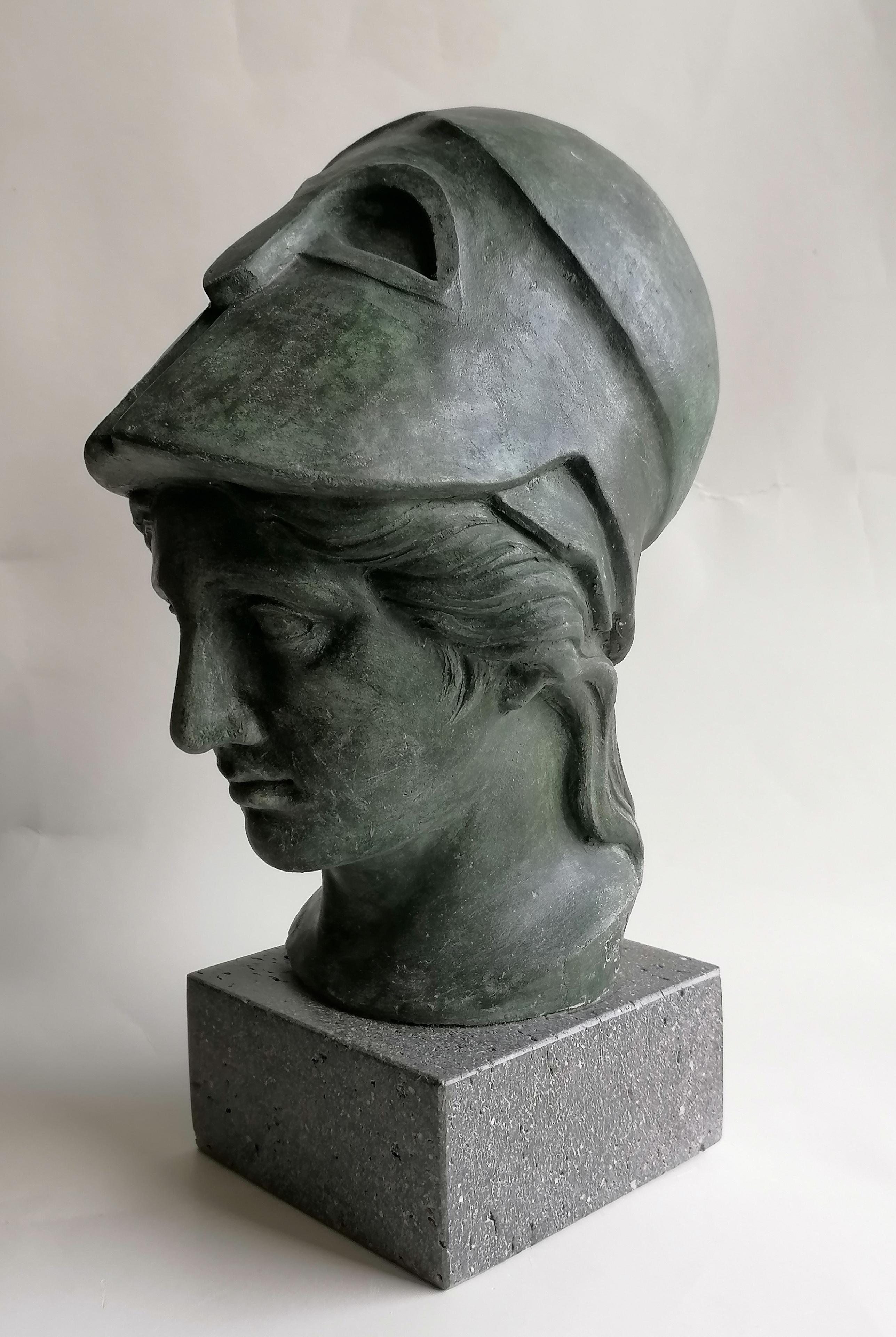 Classical Greek bronze patinated ceramic Athena sculpture -made in Italy For Sale