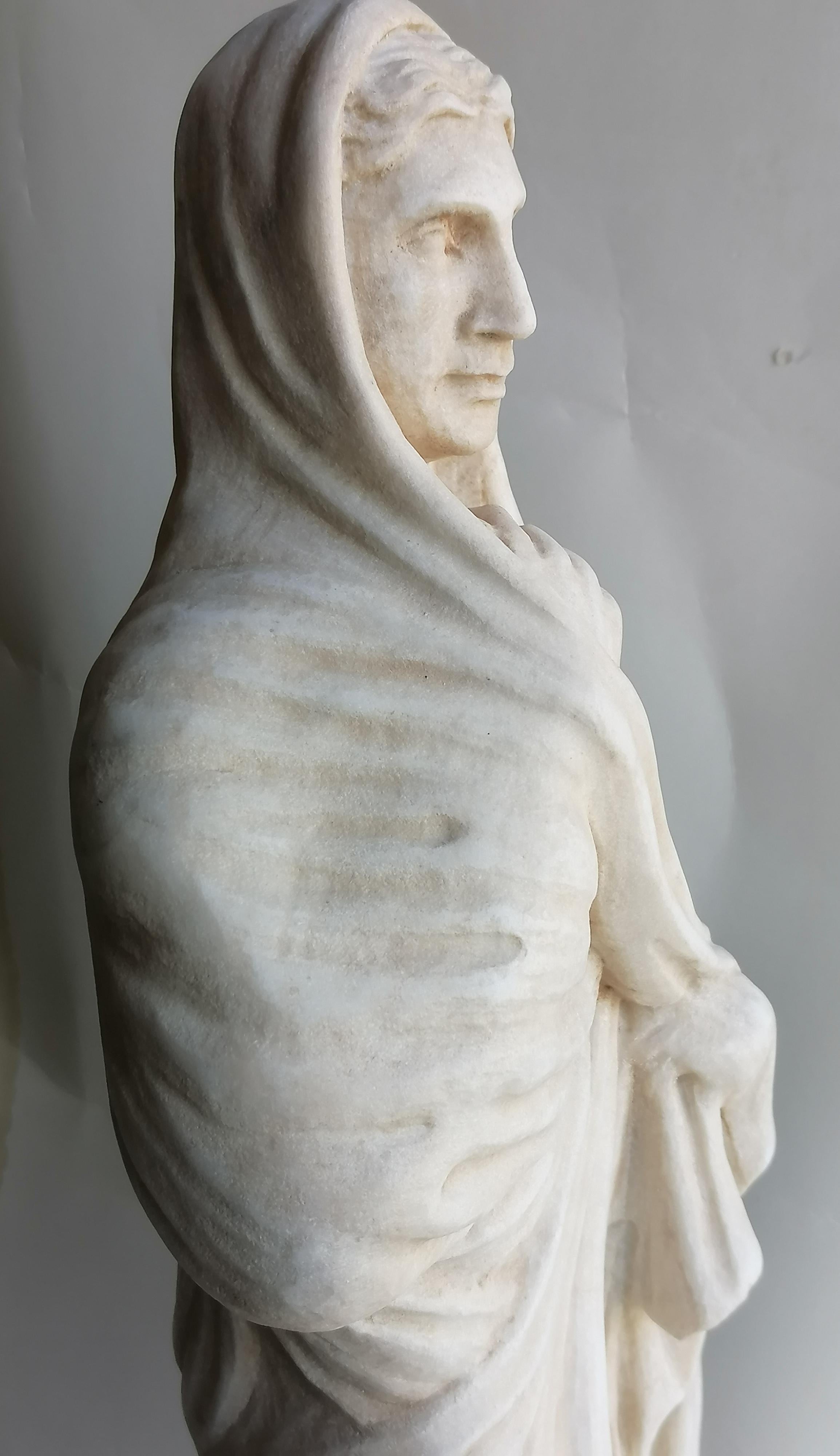 Contemporary sculpture of Roman woman with tunic and stole in white Carrara marble- made Italy For Sale