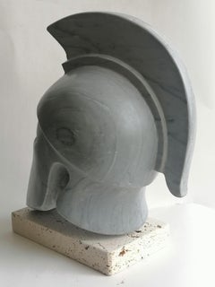 Handmade Greek Corinthian helmet sculpture on gray marble  -made in Italy