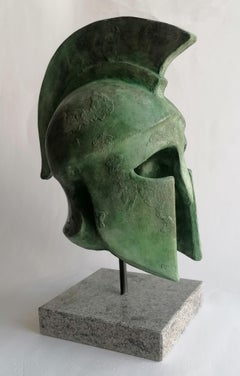 Handmade Greek helmet sculpture on bronze patinated ceramic -made in Italy