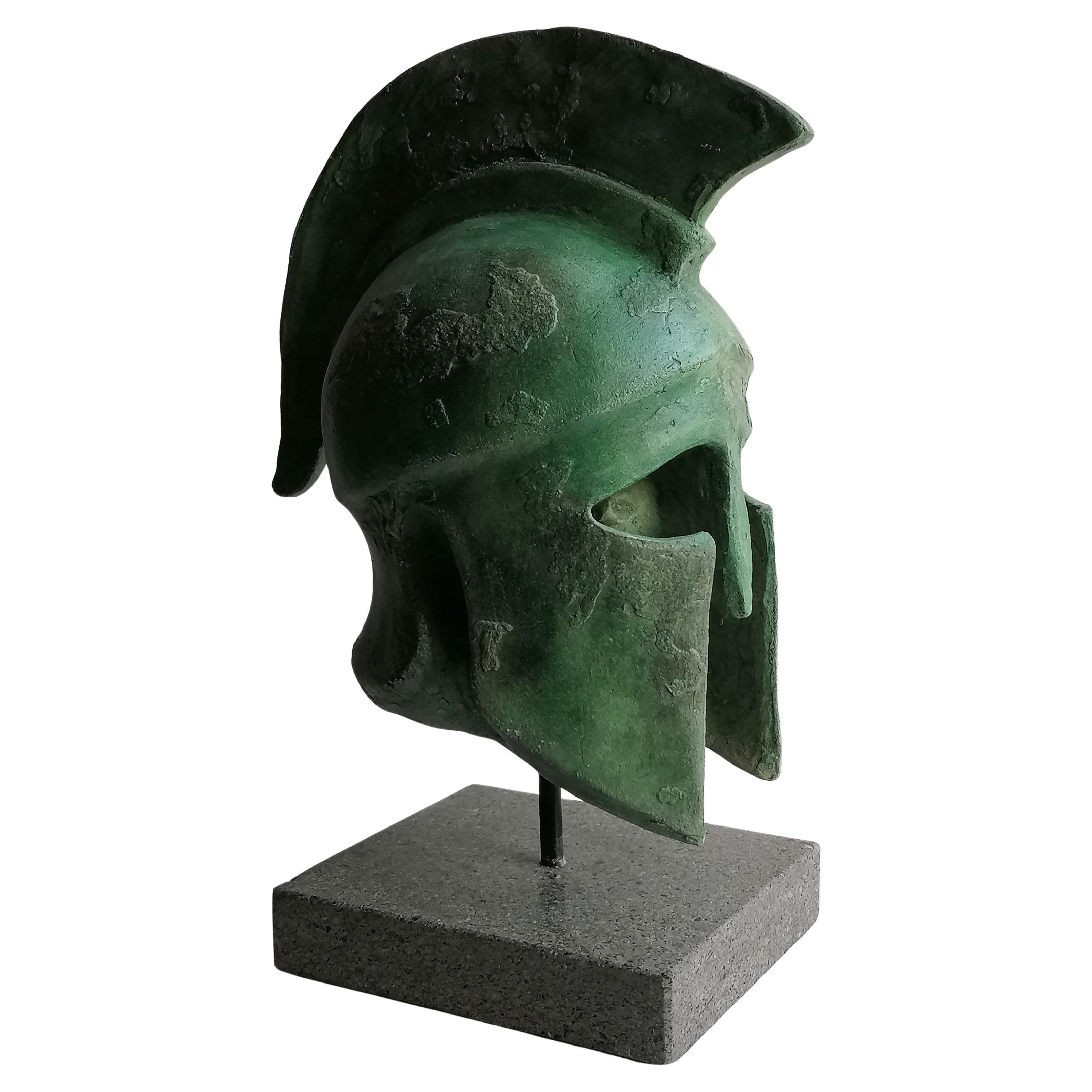 Handmade Greek helmet sculpture on bronze patinated ceramic -made in Italy