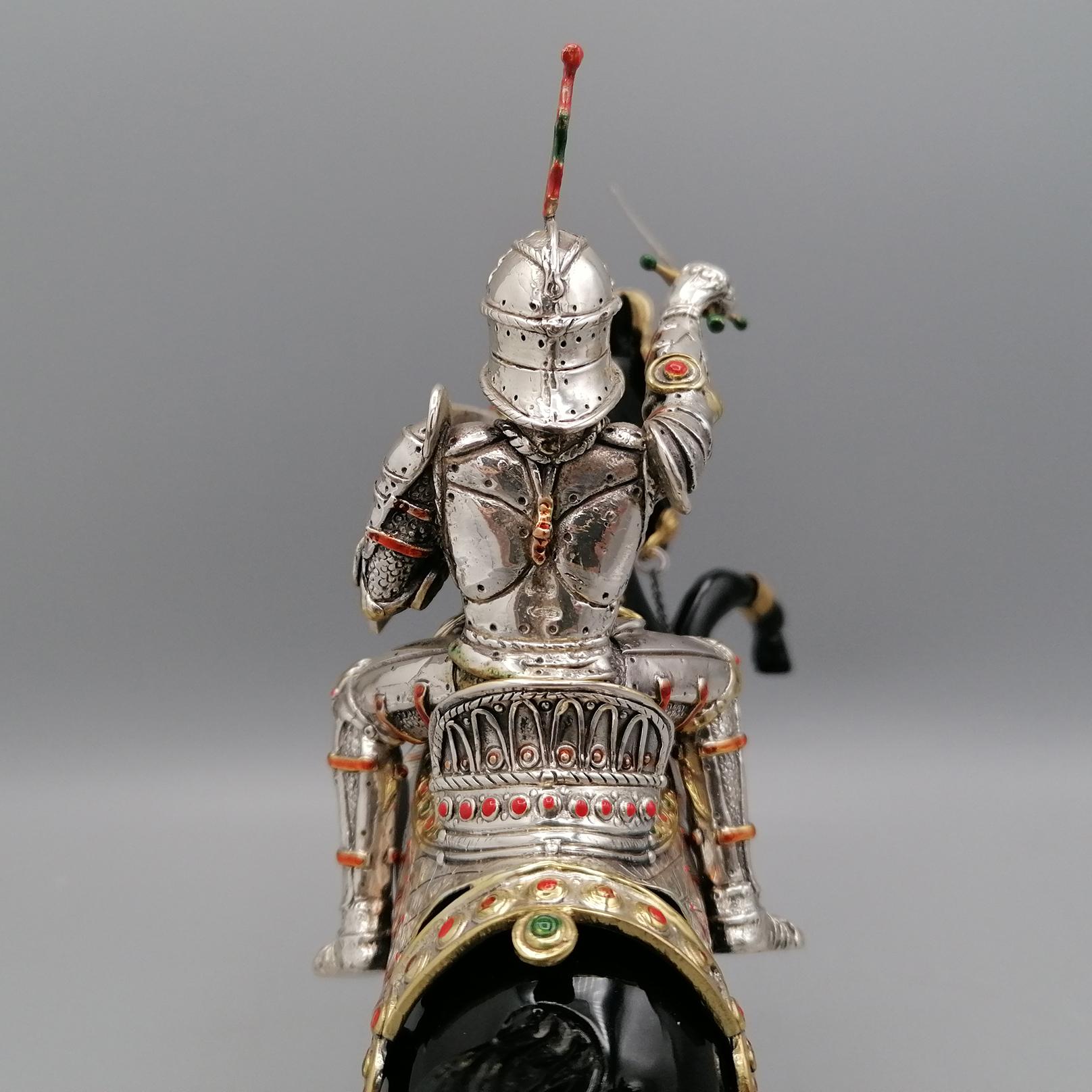 Italian 925 silver sculpture depicting Russian knight in armor   In Excellent Condition For Sale In VALENZA, IT