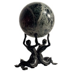 Bronze Sculpture of Couple of Nereids with Green Marble Sphere 19th Century