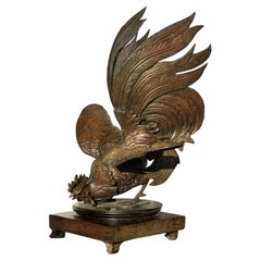 Sculpture en bronze d'un coq de combat avec 2 bases 1970 Italie