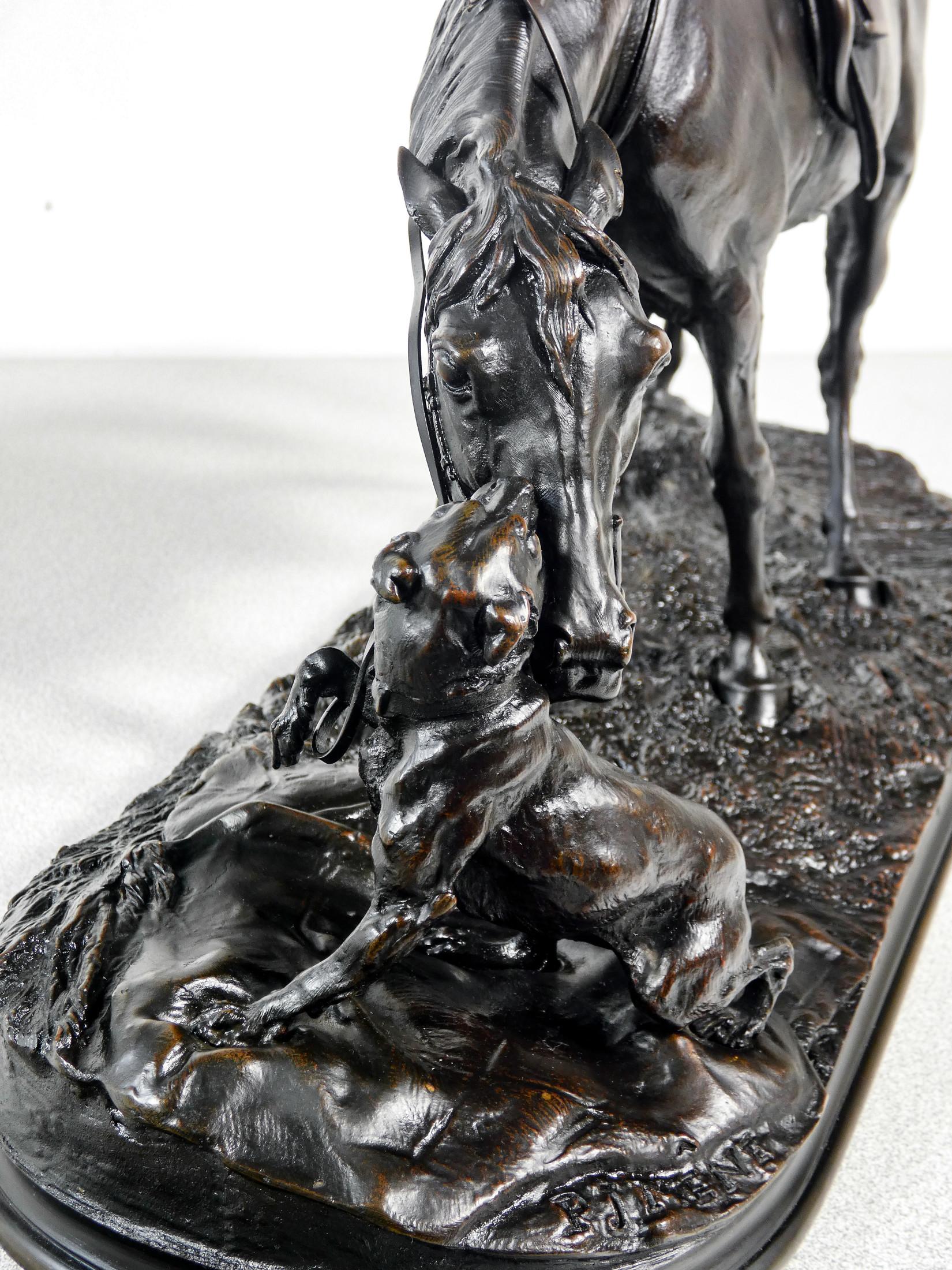 Scultura in bronzo firmata P. J. MÈNE, Jument Jouant Avec un Chien. Metà XIX sec in vendita 5