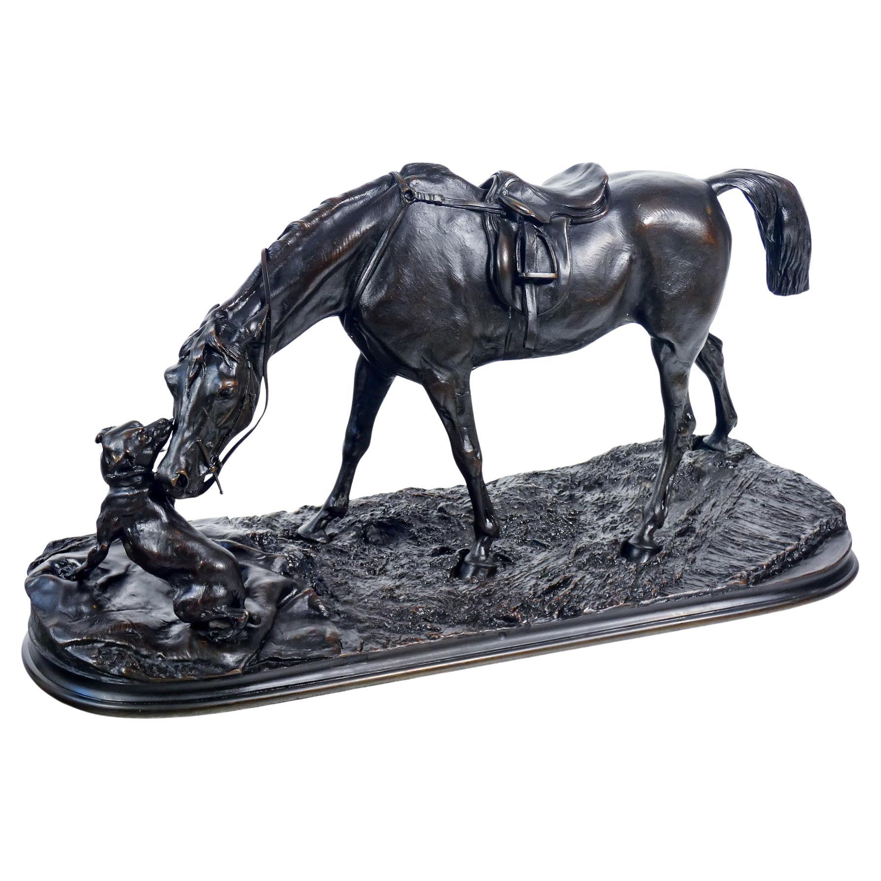 Scultura in bronzo firmata Pierre-Jules MÈNE Jules Jouant Avec un Chien. 1800