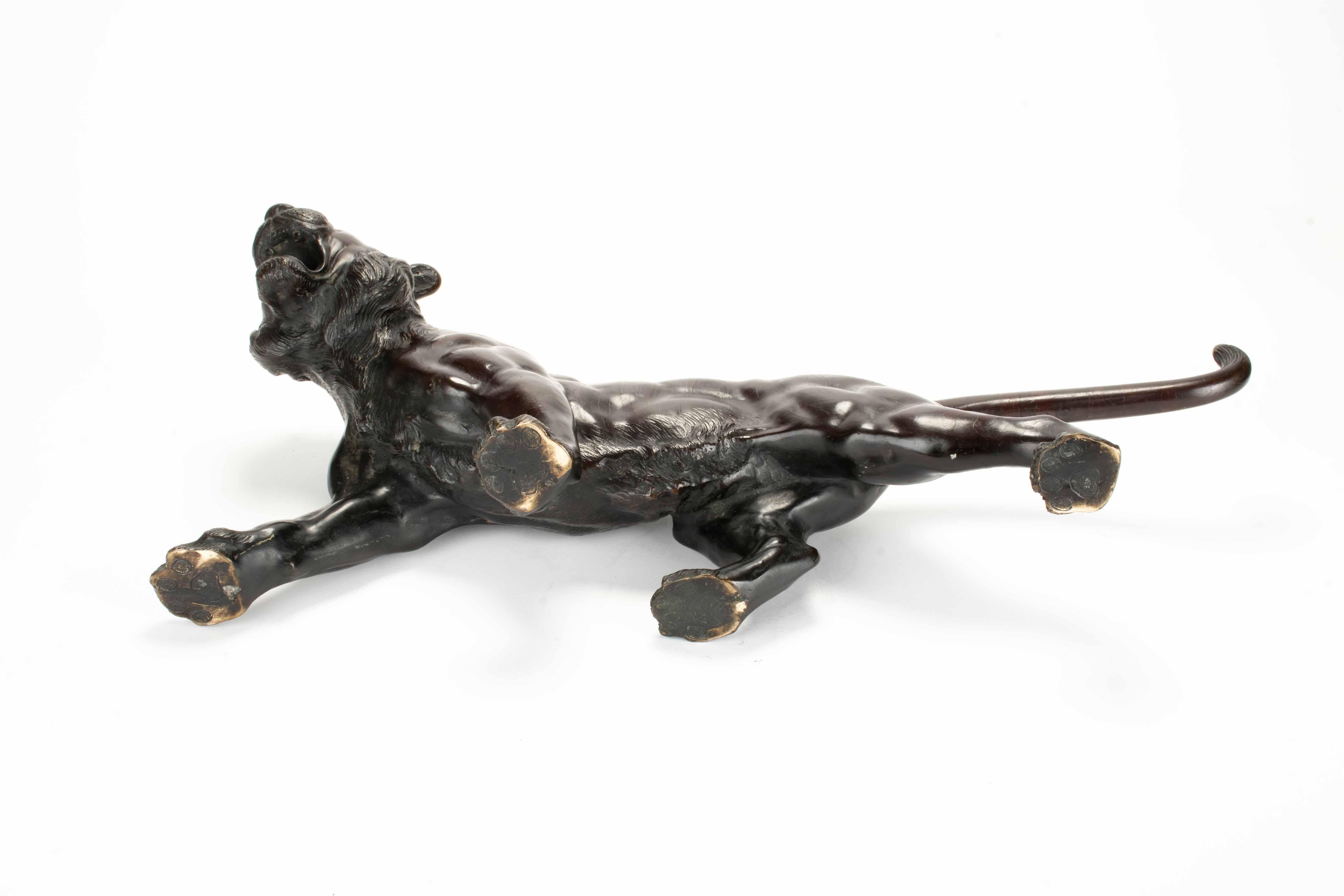 Scultura in bronzo patinato raffigurante lo studio di una potente tigre ruggente in vendita 1