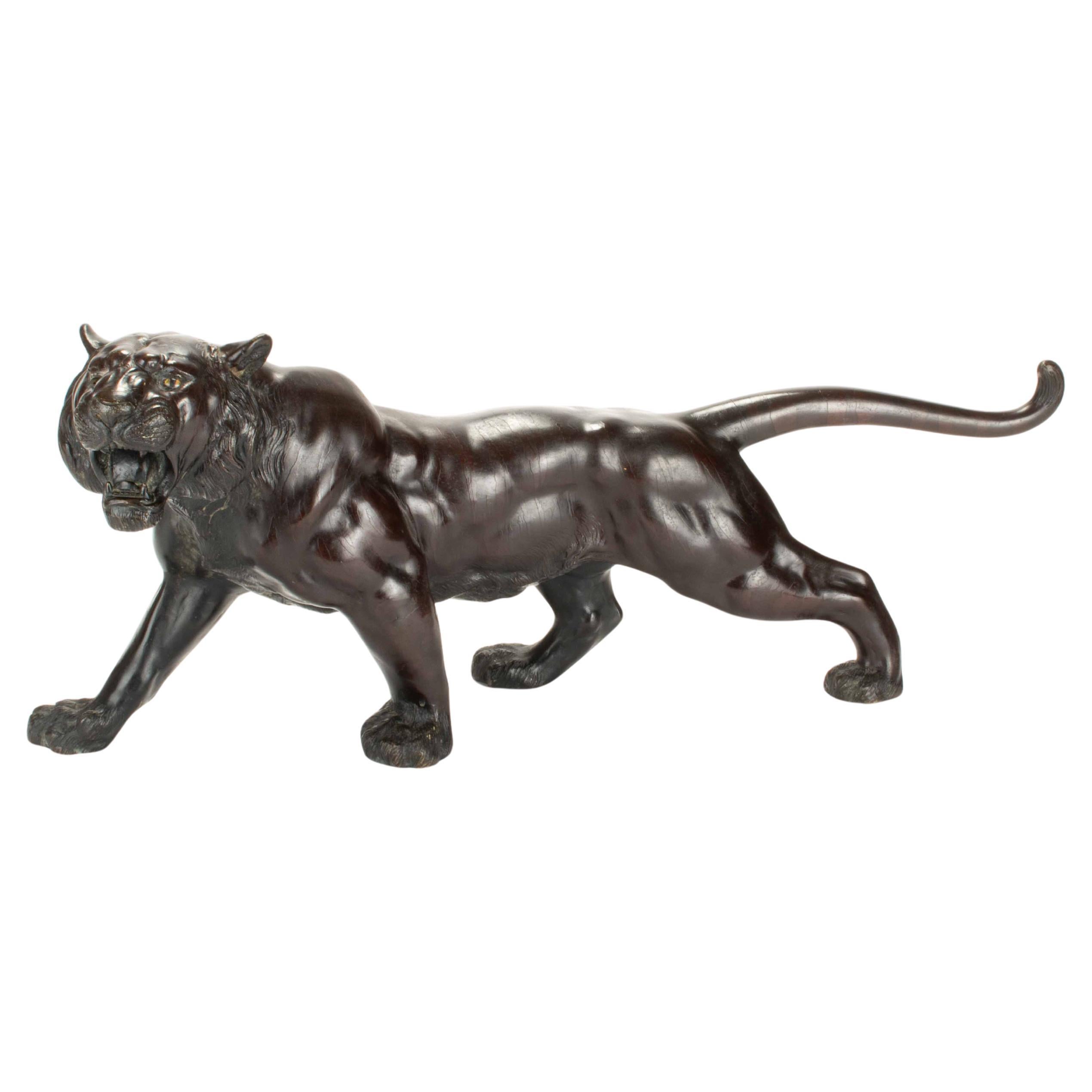 Escultura de bronce patinado que representa el estudio de un poderoso tigre rugiente