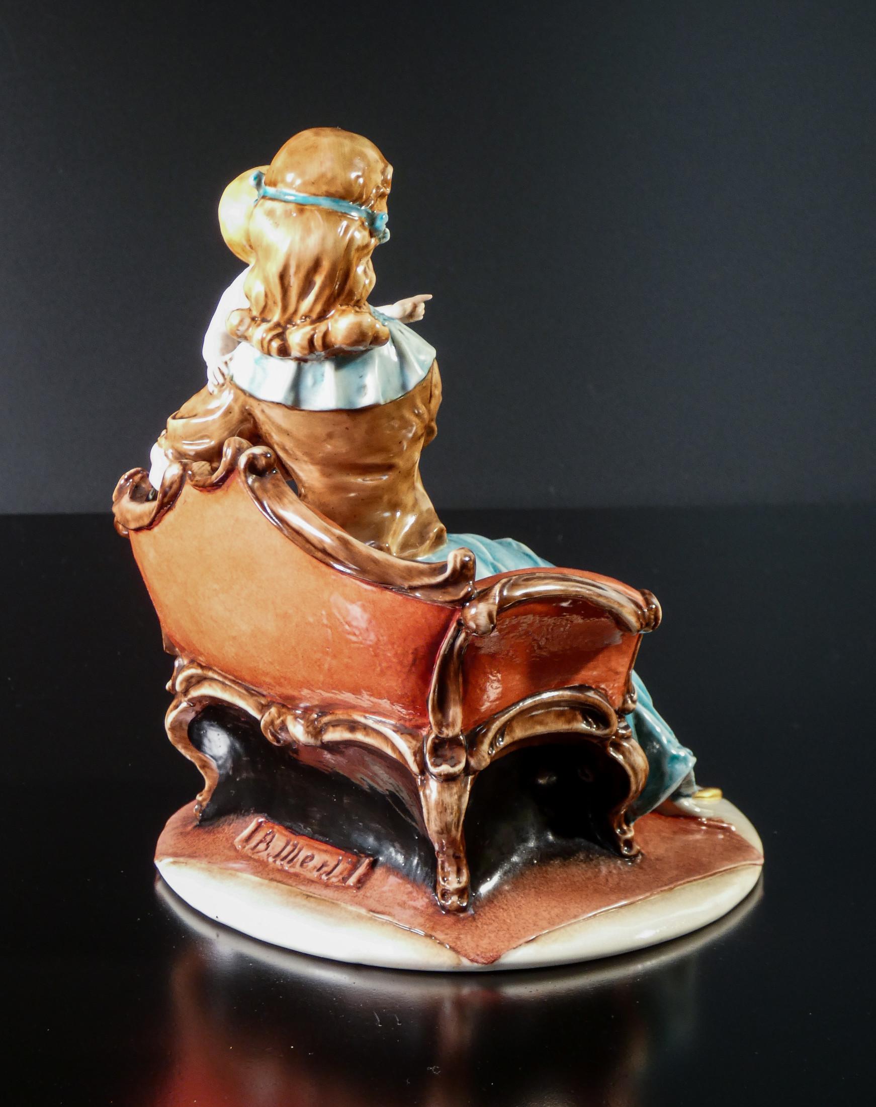20th Century Scultura in ceramica di Donna con Bambino. Bruno MERLI, Capodimonte