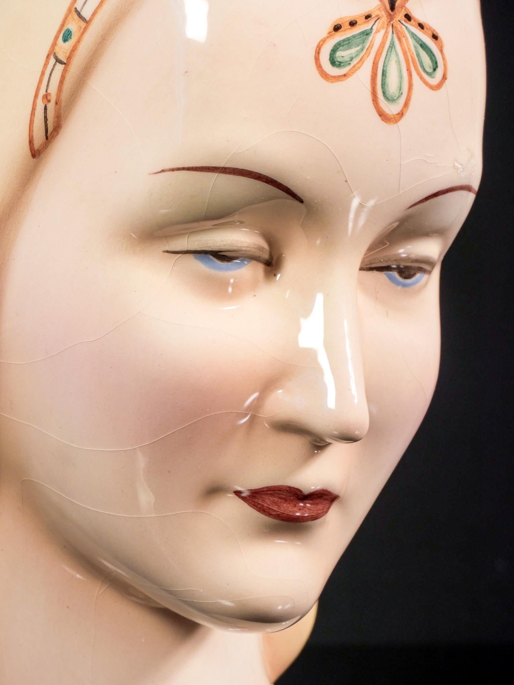 Italian Hand-painted ceramic sculpture, Woman with tiara. Antonio RONZAN. 1940s For Sale