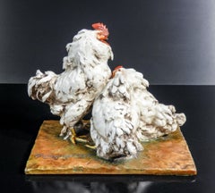 Ceramic sculpture by Guido CACCIAPUOTI. Rooster and hens. Italy, 30s