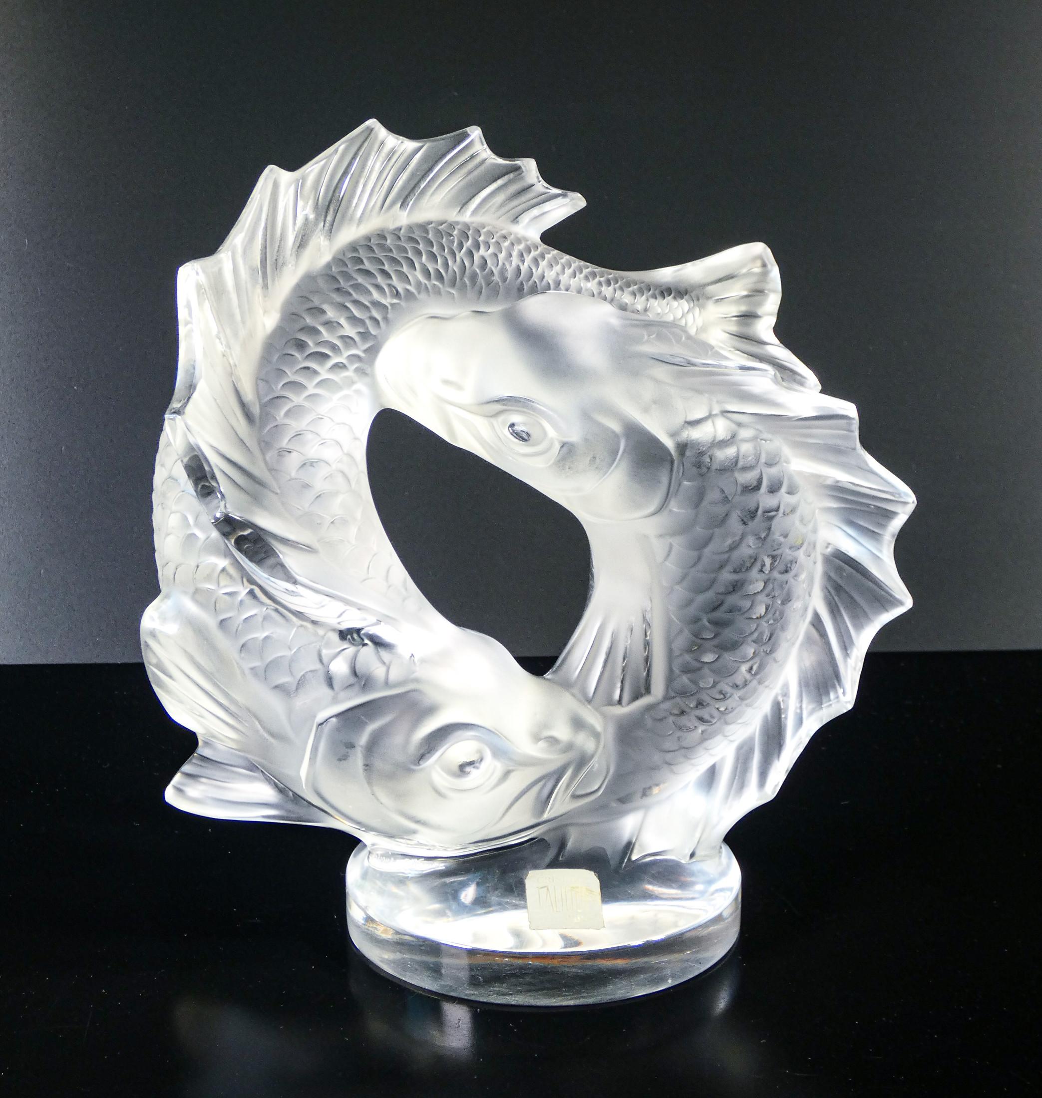 French Scultura in cristallo firmata LALIQUE Coppia di Carpe Koi. Francia, Anni 70