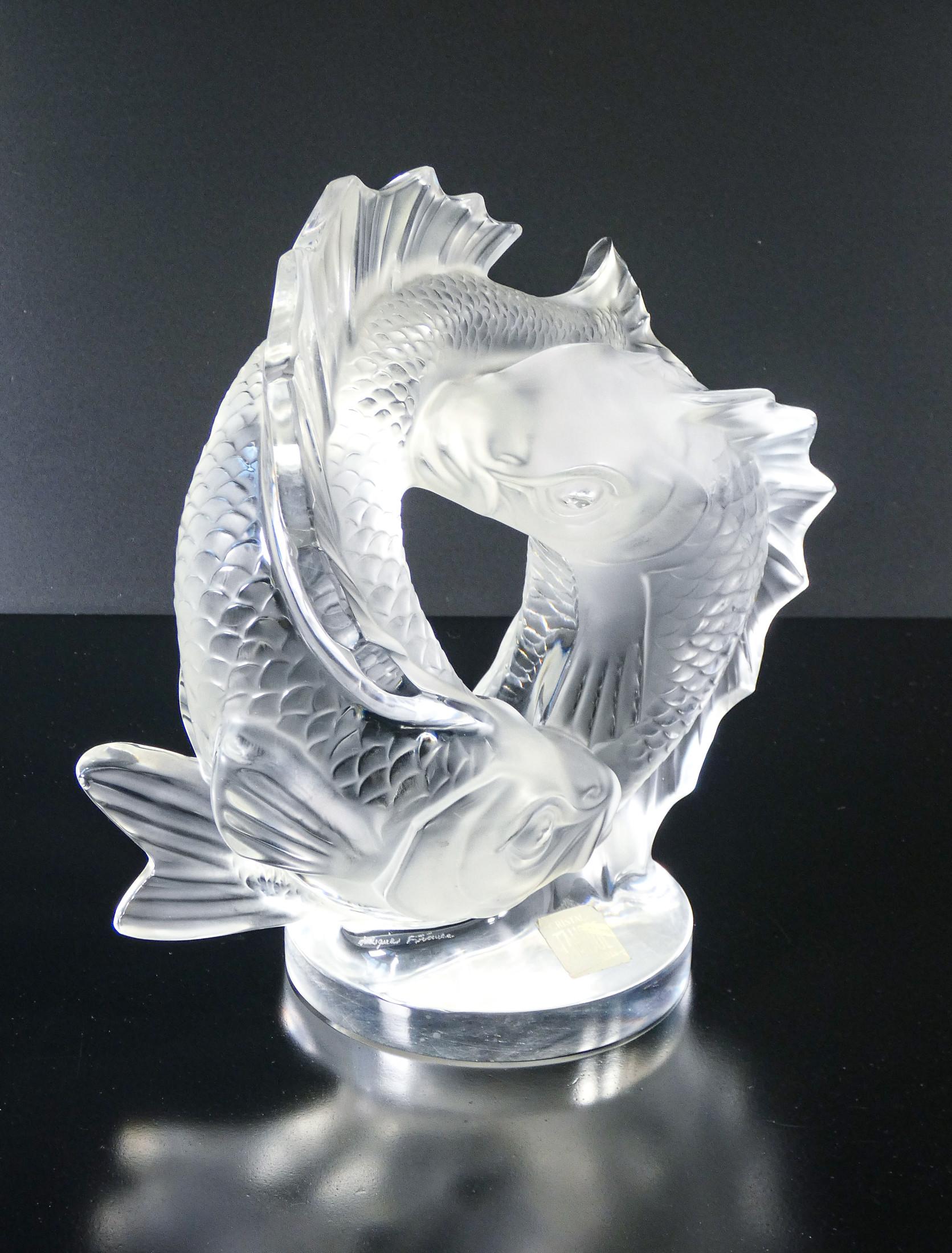 Crystal Scultura in cristallo firmata LALIQUE Coppia di Carpe Koi. Francia, Anni 70