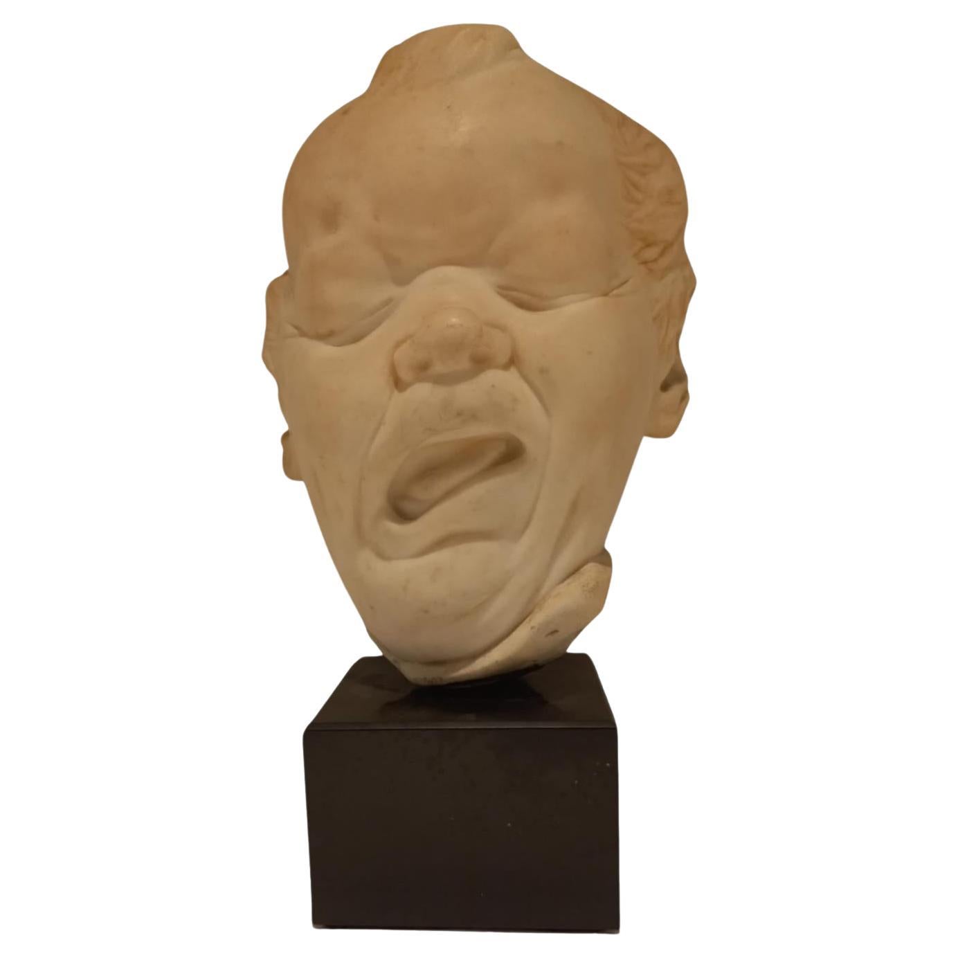 White marble sculpture depicting the face of a child with grimace For Sale
